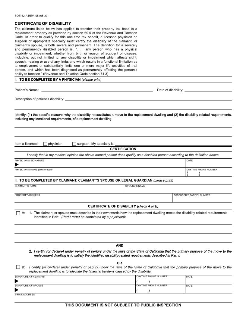 Certificate Of Disability {BOE-62-A} | Pdf Fpdf Doc Docx | California