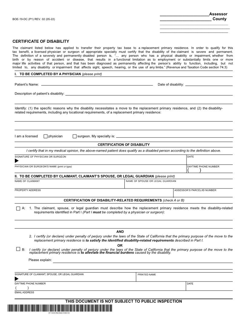 Certificate Of Disability (After 02-16-21) {BOE-19-DC} | Pdf Fpdf Docx | California