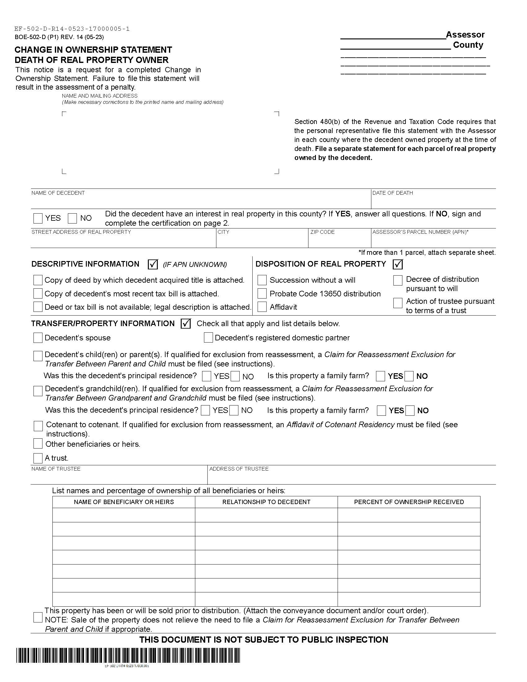 Change In Ownership Statement Death Of Real Property Owner {BOE-502-D} | Pdf Fpdf Docx | California