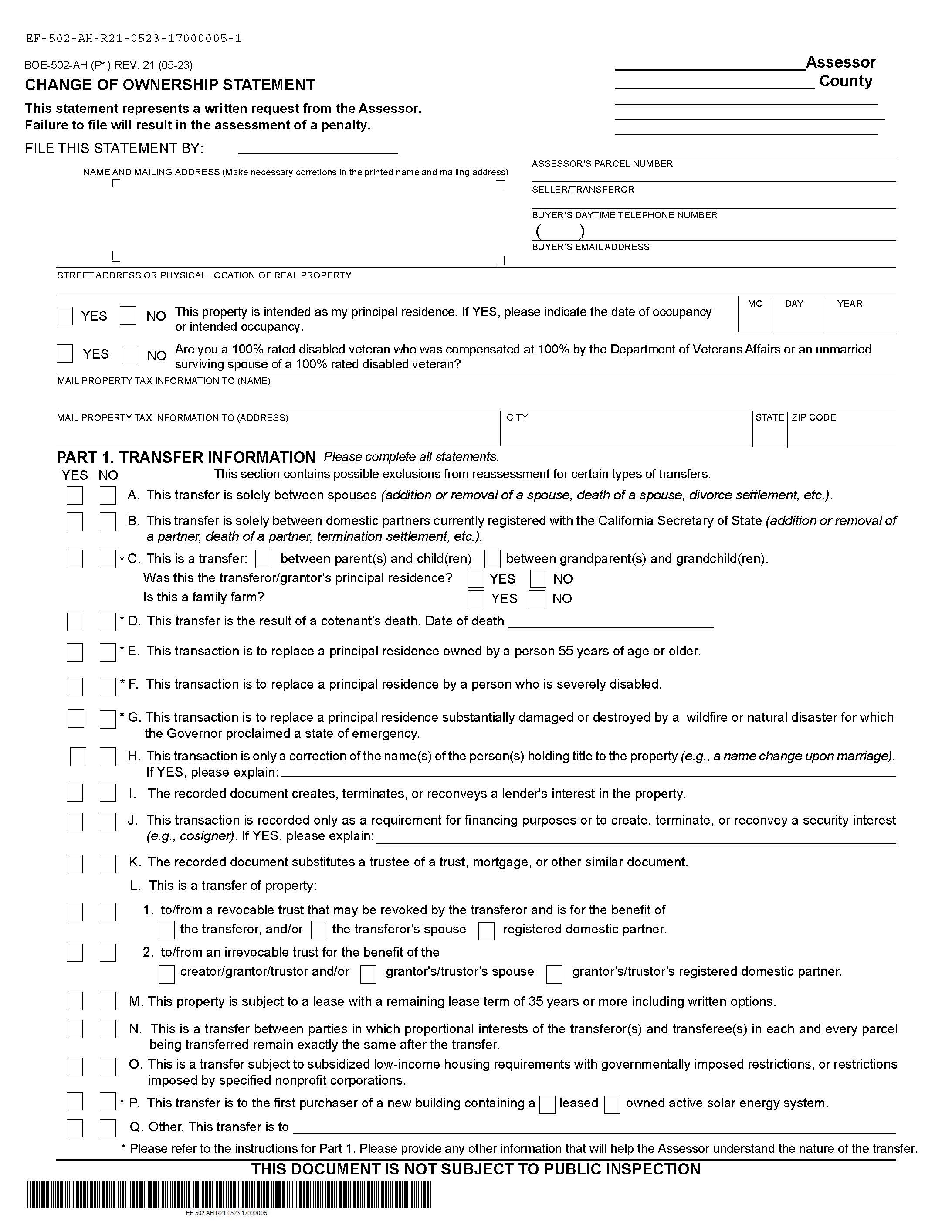 Change Of Ownership Statement {BOE-502-AH} | Pdf Fpdf Docx | California