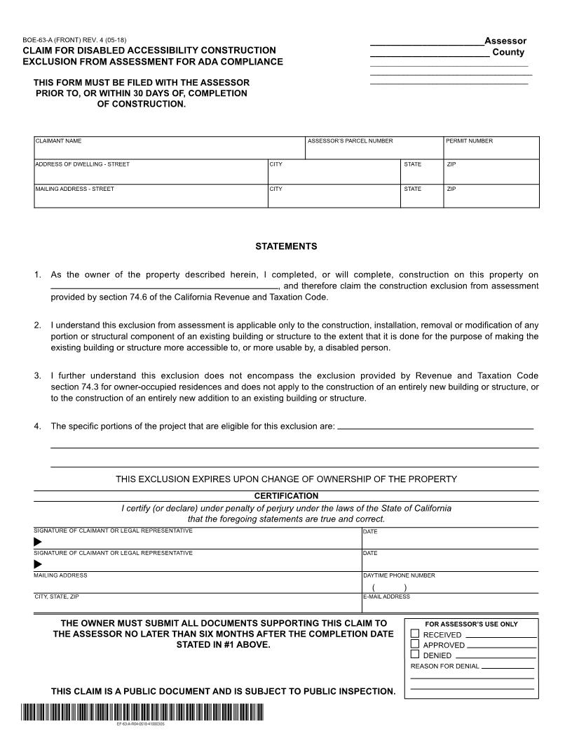 Claim For Disabled Accessibility Construction Exclusion From Assessment {BOE-63-A} | Pdf Fpdf Doc Docx | California