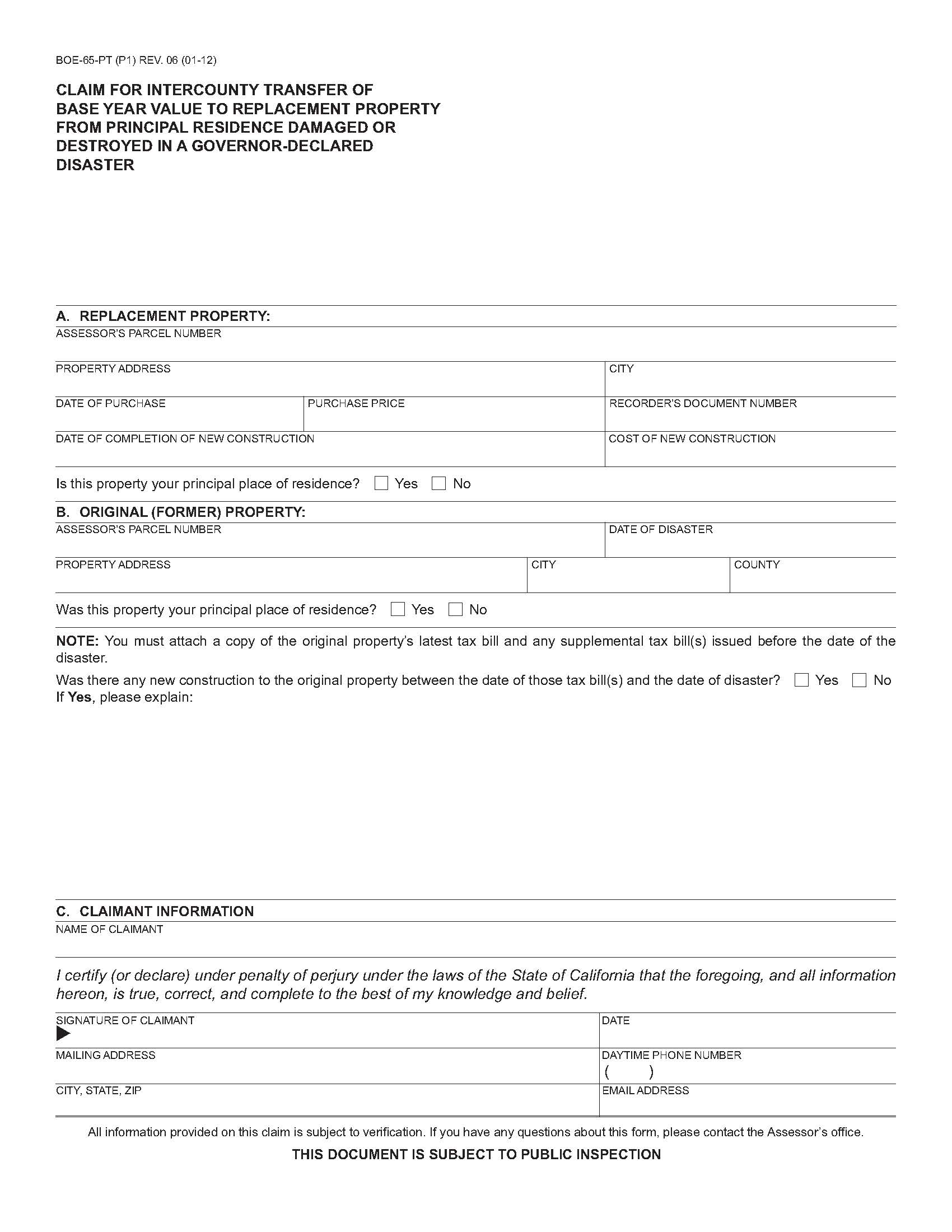 Claim For Intercounty Transfer Of Base-Year Value From Principal Residence {BOE-65-PT} | Pdf Fpdf Doc Docx | California