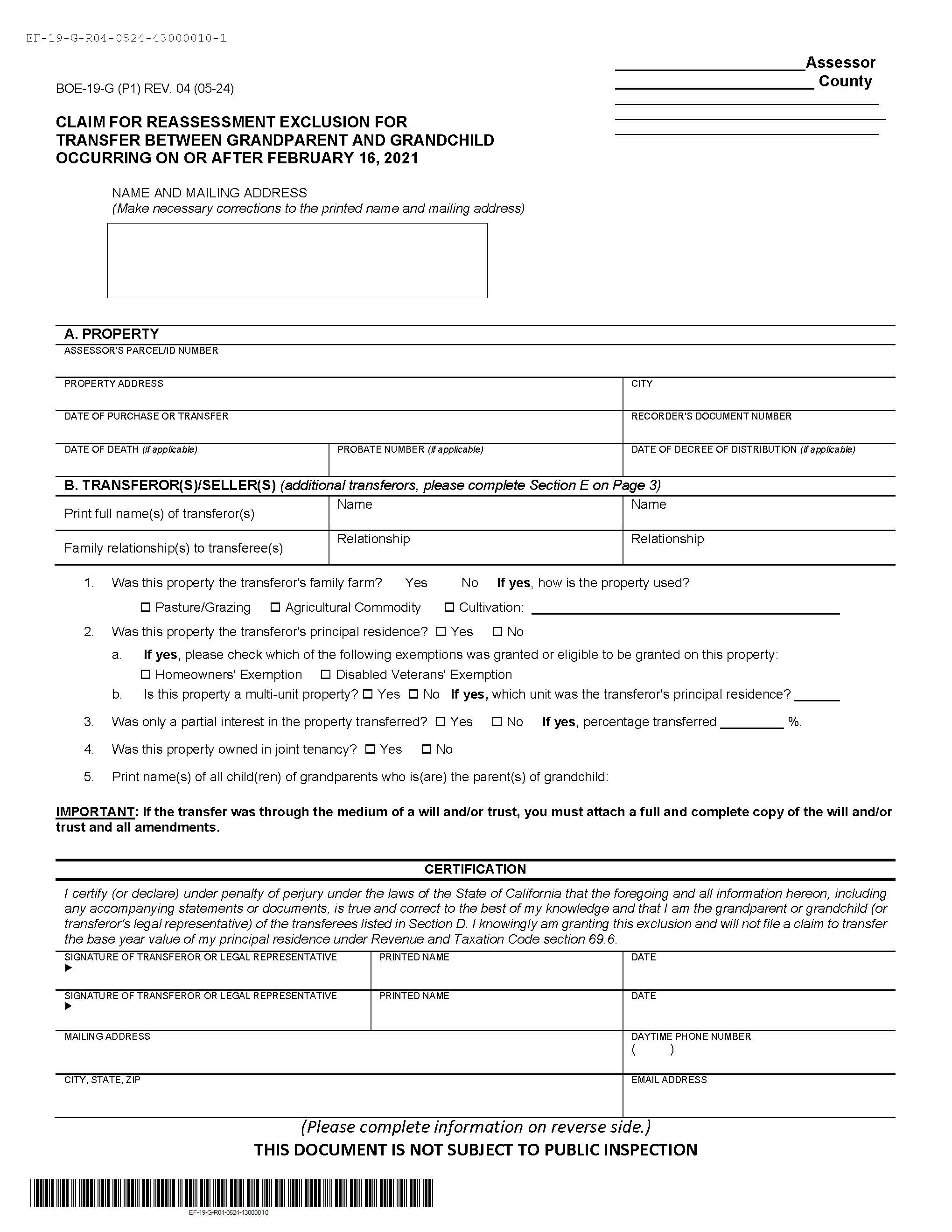 Claim For Reassessment Exclusion For Transfer Between Grandparent And Granchild {BOE-19-G} | Pdf Fpdf Docx | California