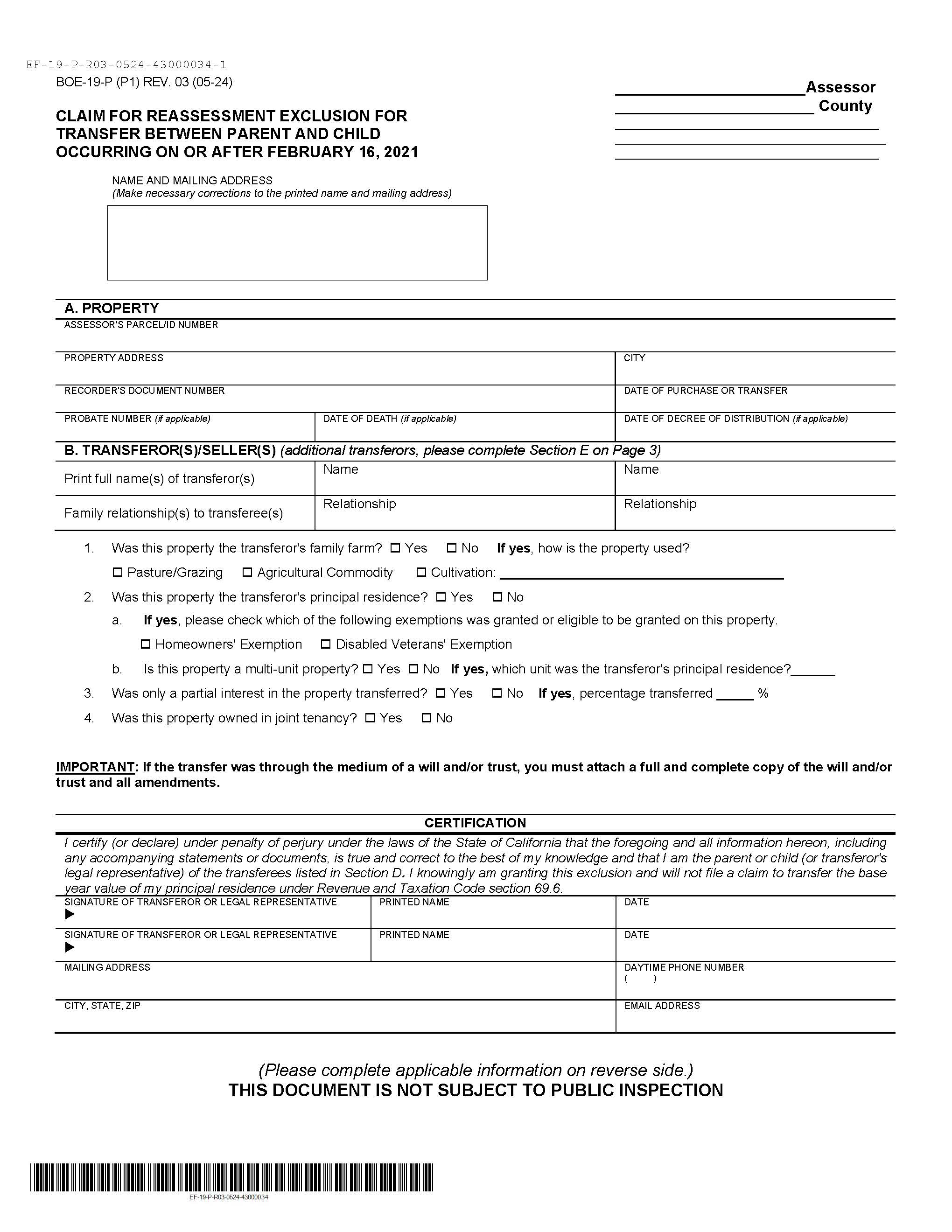 Claim For Reassessment Exclusion For Transfer Between Parent And Child {BOE-19-P} | Pdf Fpdf Docx | California