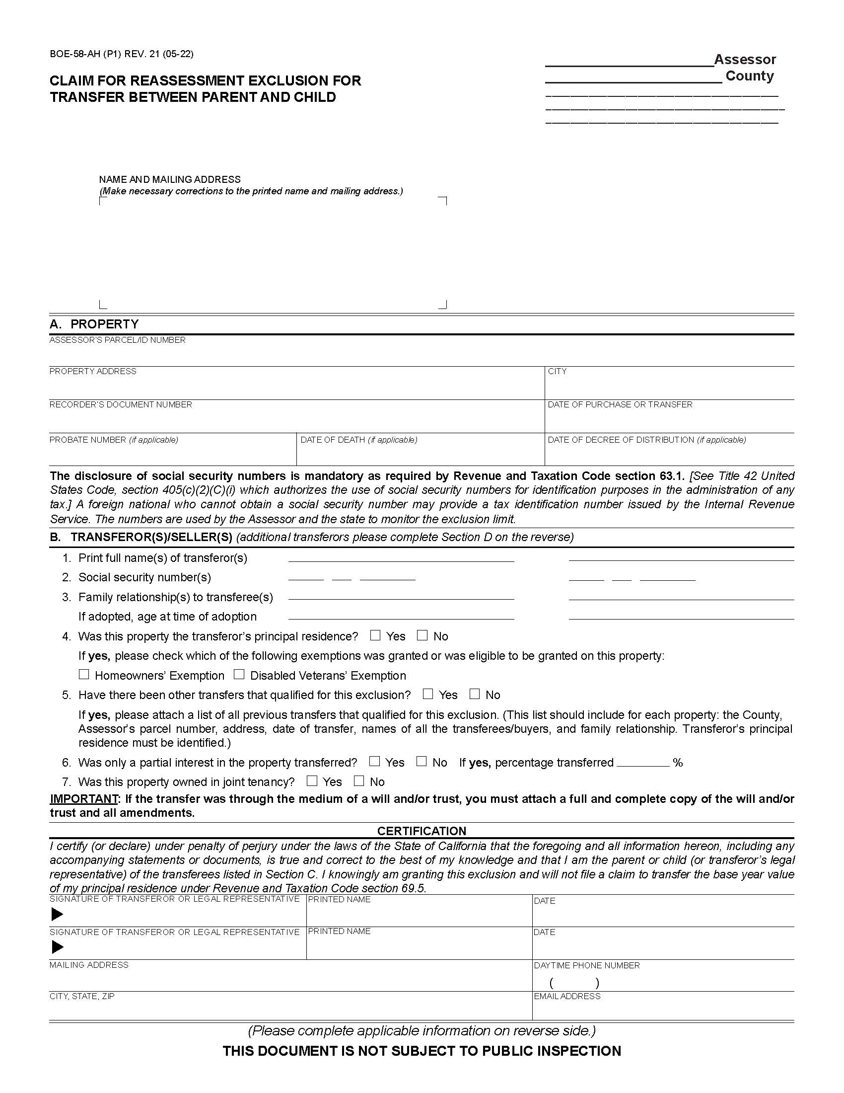 Claim For Reassessment Exclusion For Transfer Between Parent And Child (Before 02-16-21) {BOE-58-AH} | Pdf Fpdf Docx | California