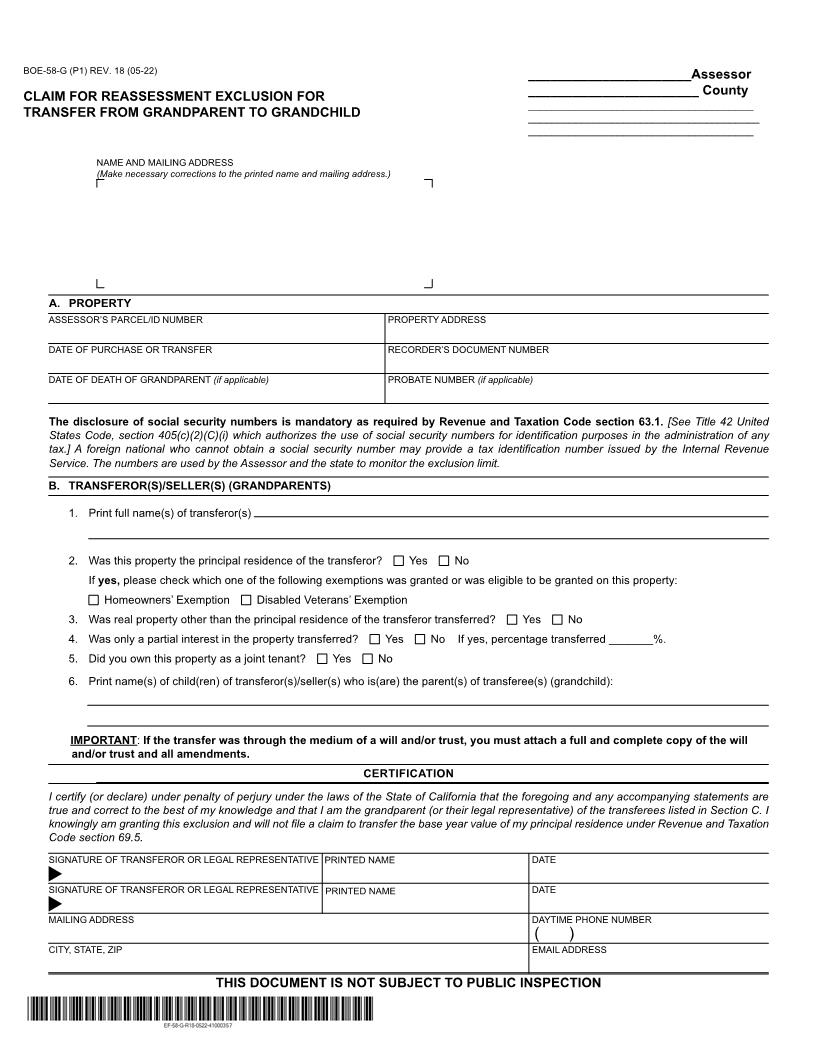 Claim For Reassessment Exclusion For Transfer From Grandparent To Granchild (Before 02-16-21) {BOE-58-G} | Pdf Fpdf Docx | California