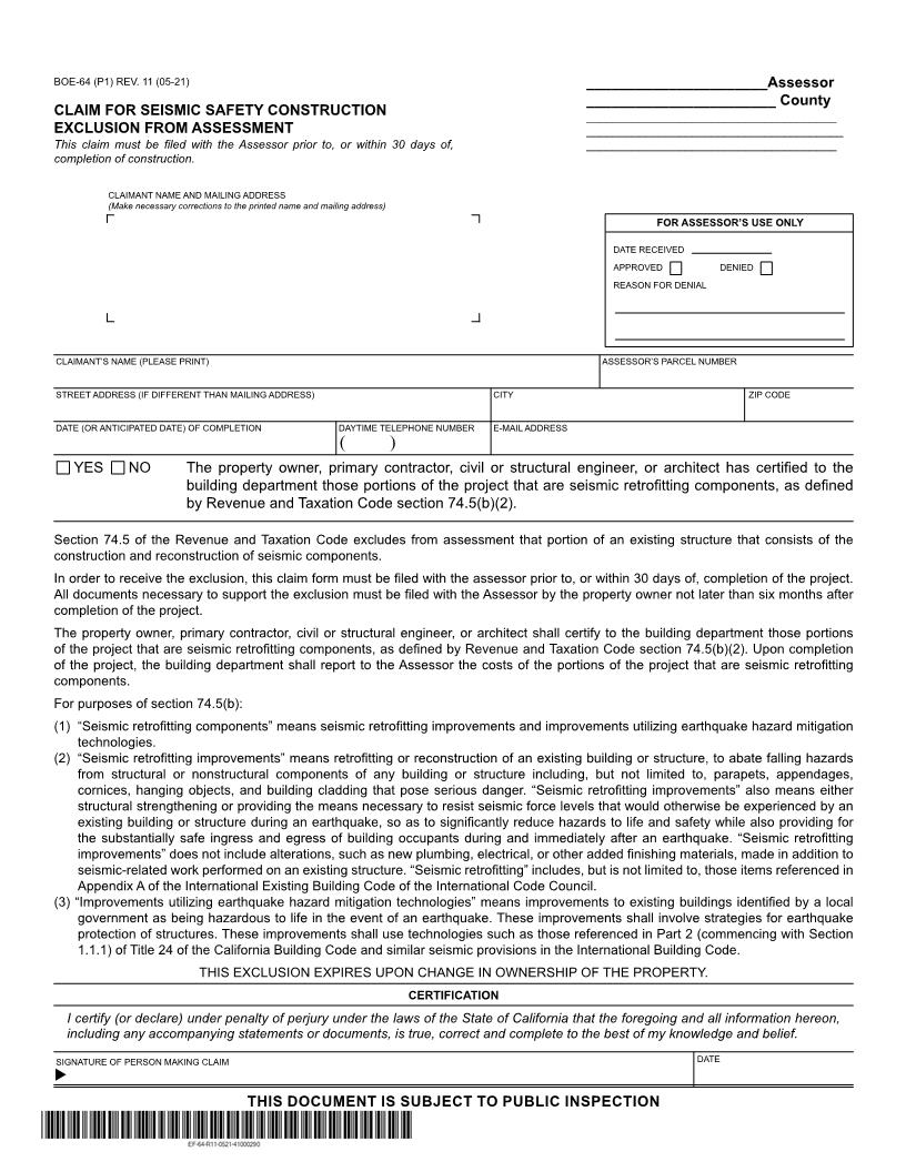 Claim For Seismic Safety Construction Exclusion From Assessment {BOE-64} | Pdf Fpdf Doc Docx | California
