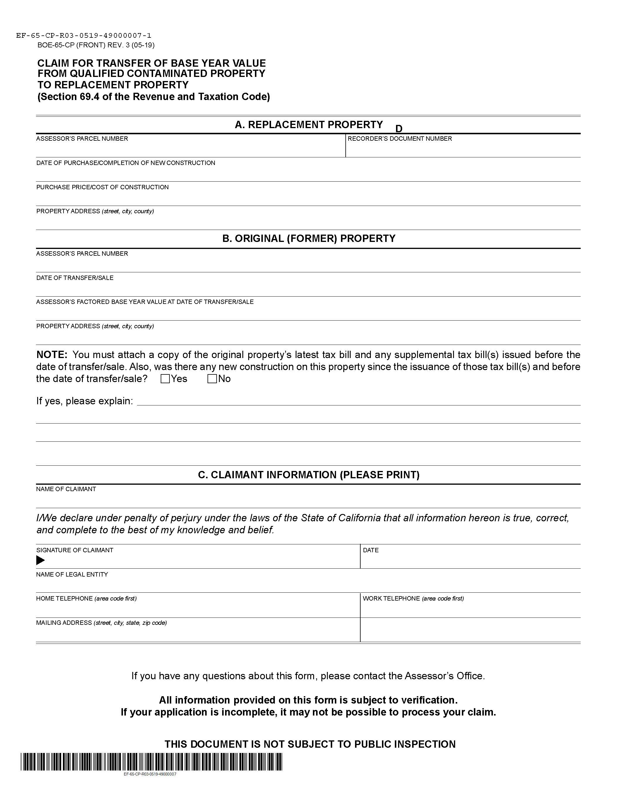Claim For Transfer Of Base Year Value From Qualified Contaminated Property To Replacement Property {BOE-65-CP} | Pdf Fpdf Doc Docx | California