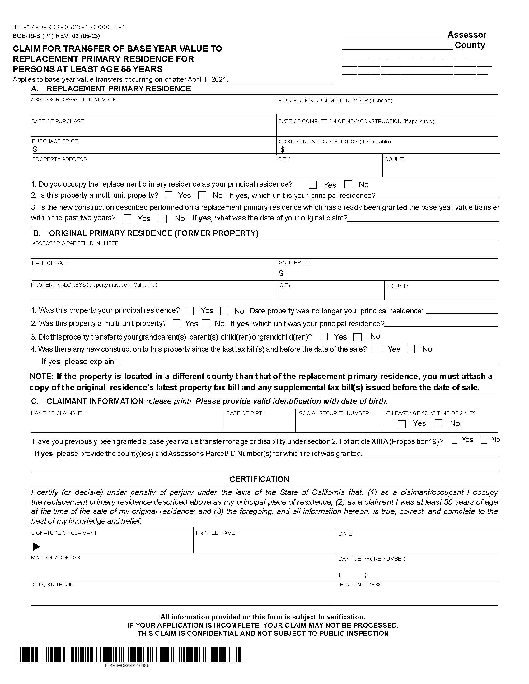 Claim For Transfer Of Base Year Value To Replacement Primary Residence For Person(s) At Least Age 55 Years {BOE-19-B} | Pdf Fpdf Docx | California