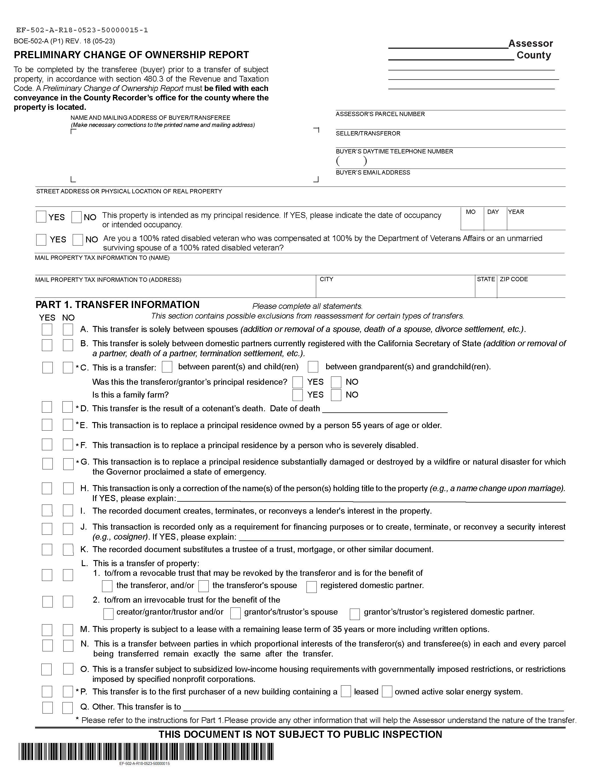 Preliminary Change Of Ownership Report {BOE-502-A} | Pdf Fpdf Docx | California