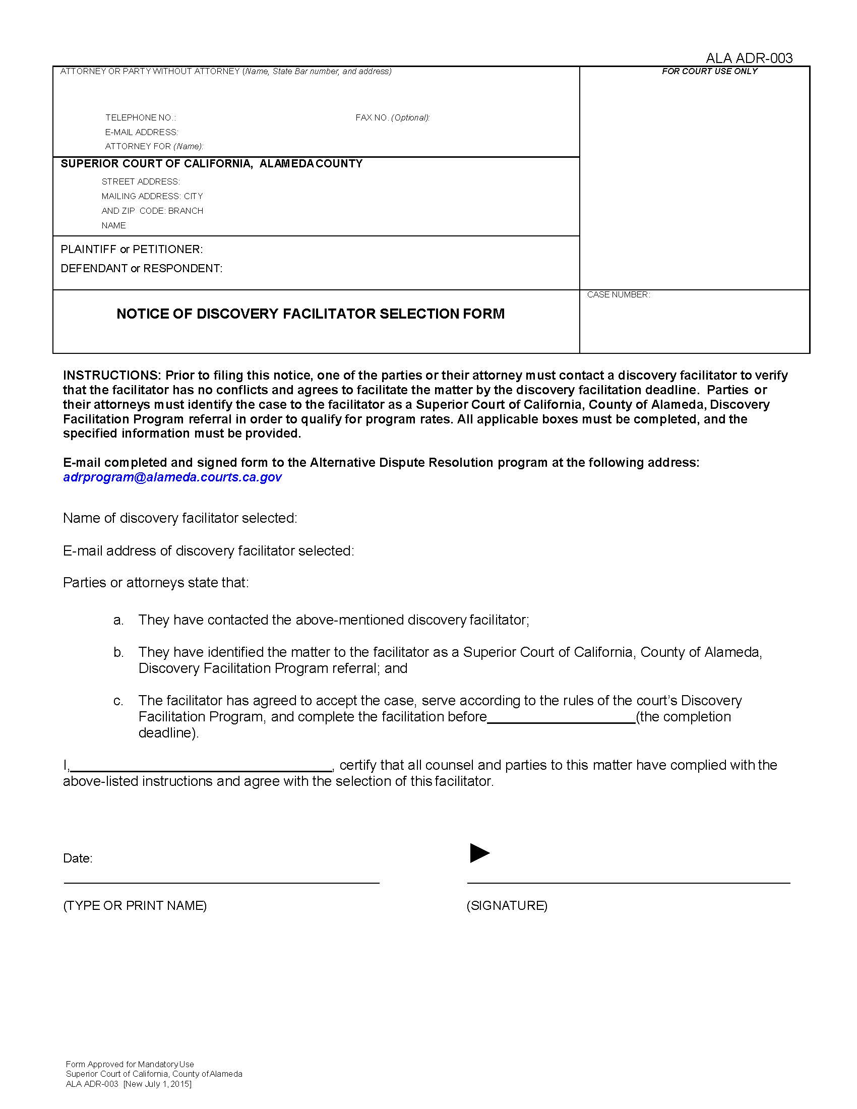 Notice Of Discovery Facilitator Selection Form {ALA ADR-003} | Pdf Fpdf Docx | California
