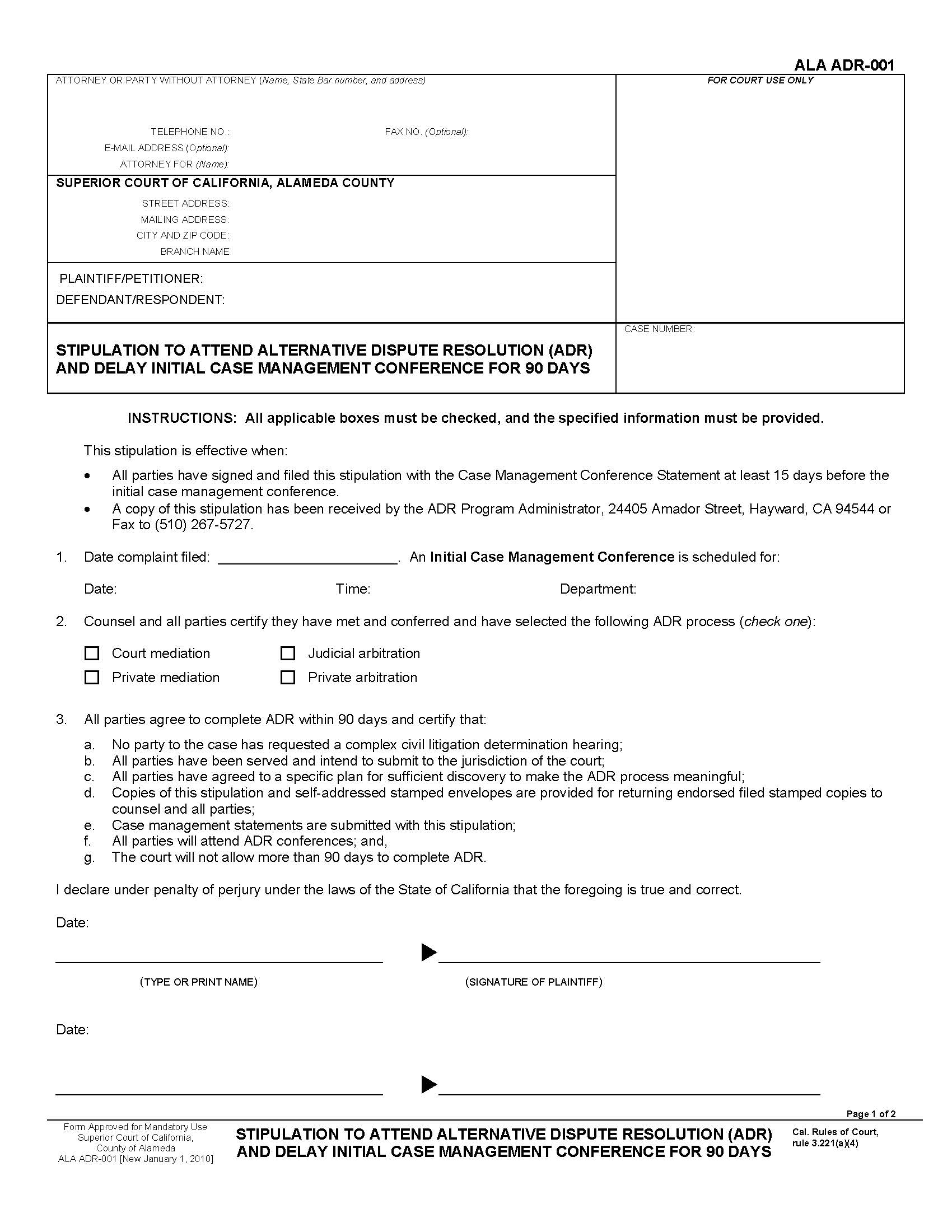 Stipulation To Attend Alternative Dispute Resolution And Delay Initial Case Management Conference {ALA ADR-001} | Pdf Fpdf Docx | California
