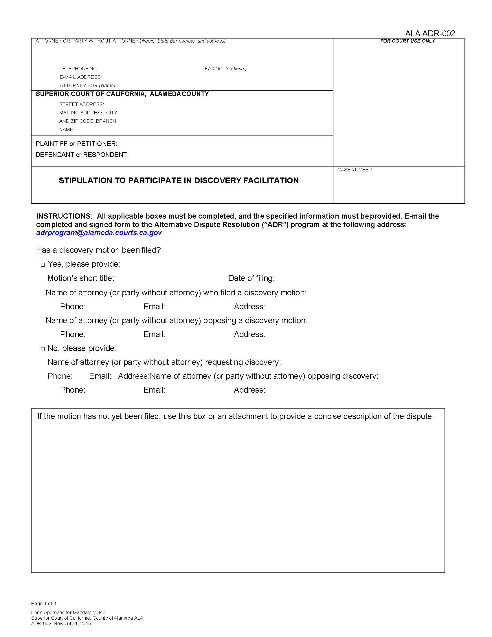 Stipulation To Participate In Discovery Facilitation {ALA ADR-002} | Pdf Fpdf Docx | California