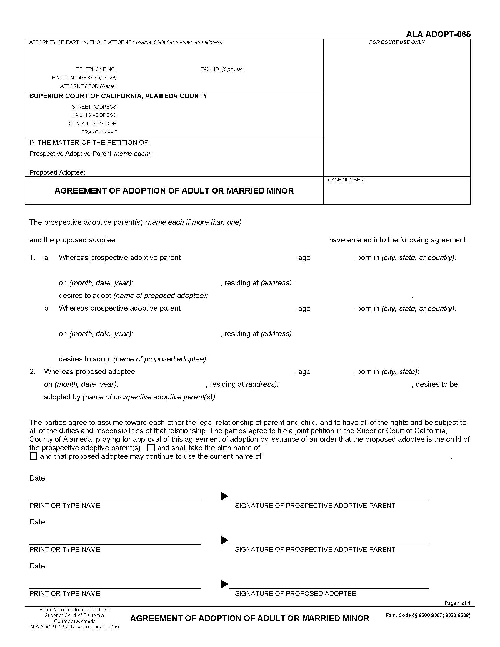 Agreement Of Adoption Of Adult Or Married Minor {ALA ADOPT-065} | Pdf Fpdf Docx | California
