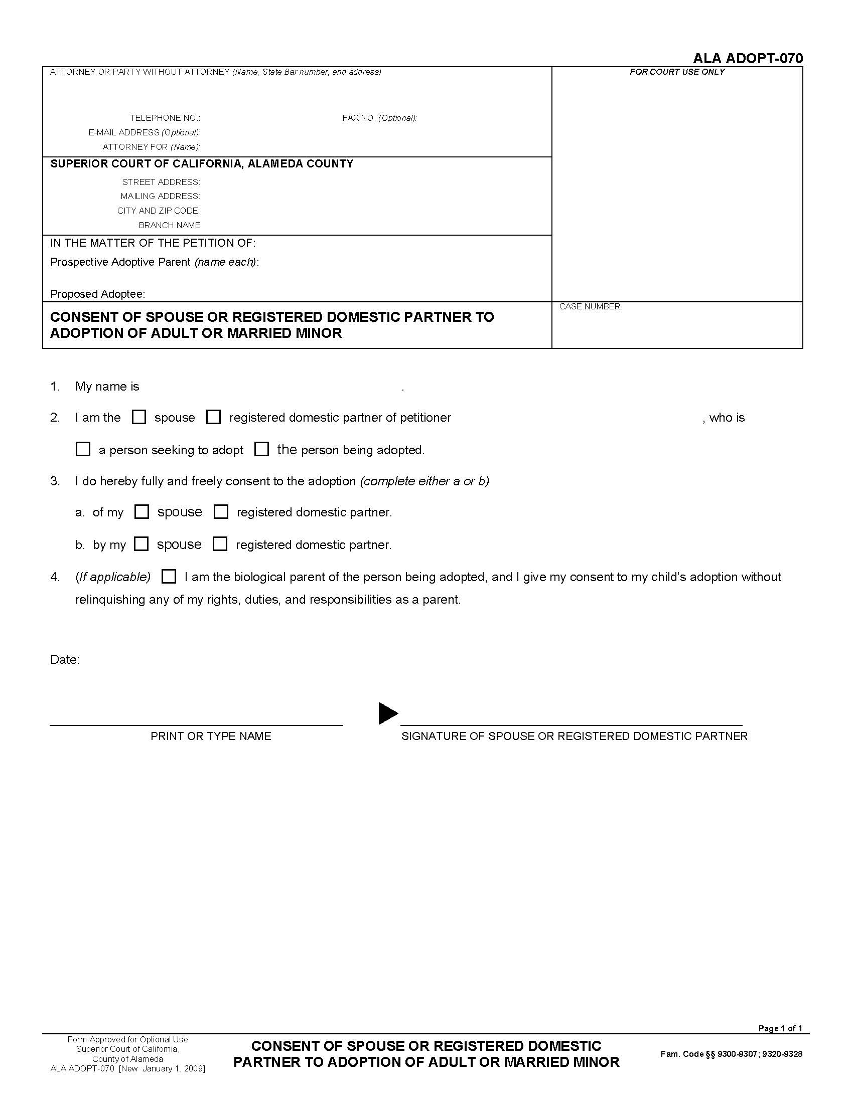 Consent Of Spouse Or Registered Domestic Partnership To Adoption {ALA ADOPT-070} | Pdf Fpdf Docx | California