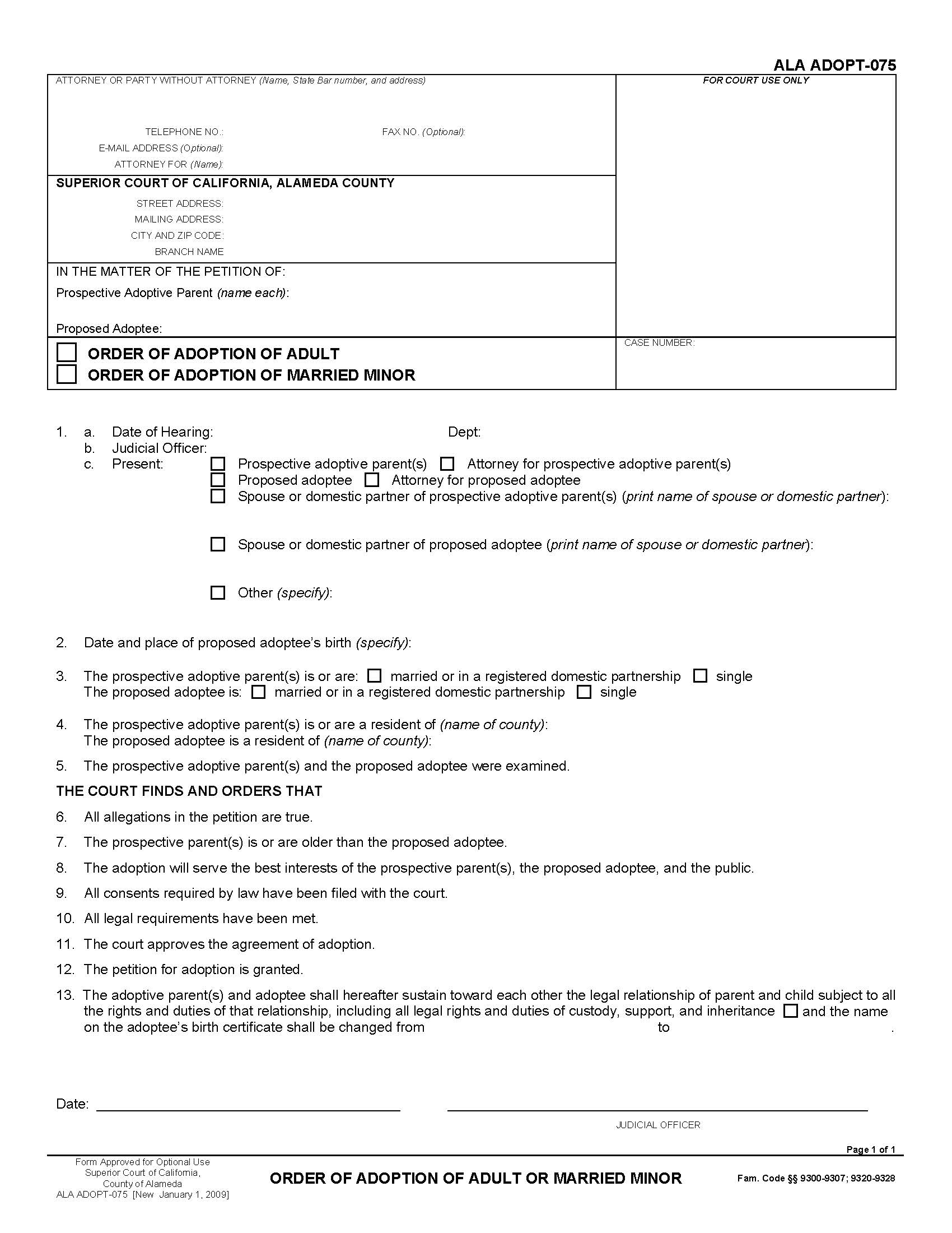 Order Of Adoption Of Adult Or Married Minor {ALA ADOPT-075} | Pdf Fpdf Docx | California