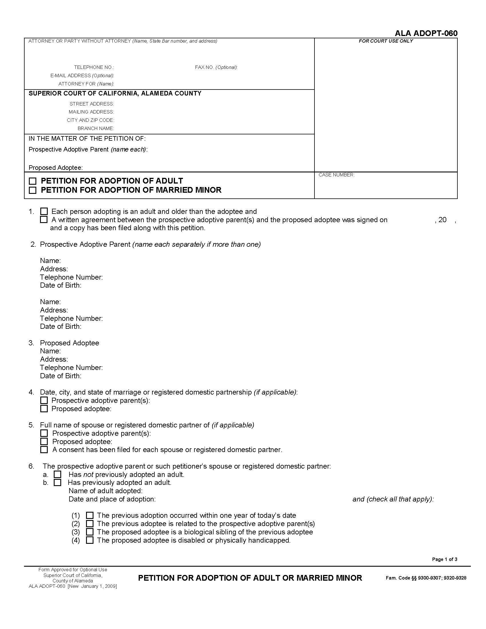 Petition For Adoption Of Adult Or Married Minor {ALA ADOPT-060} | Pdf Fpdf Docx | California