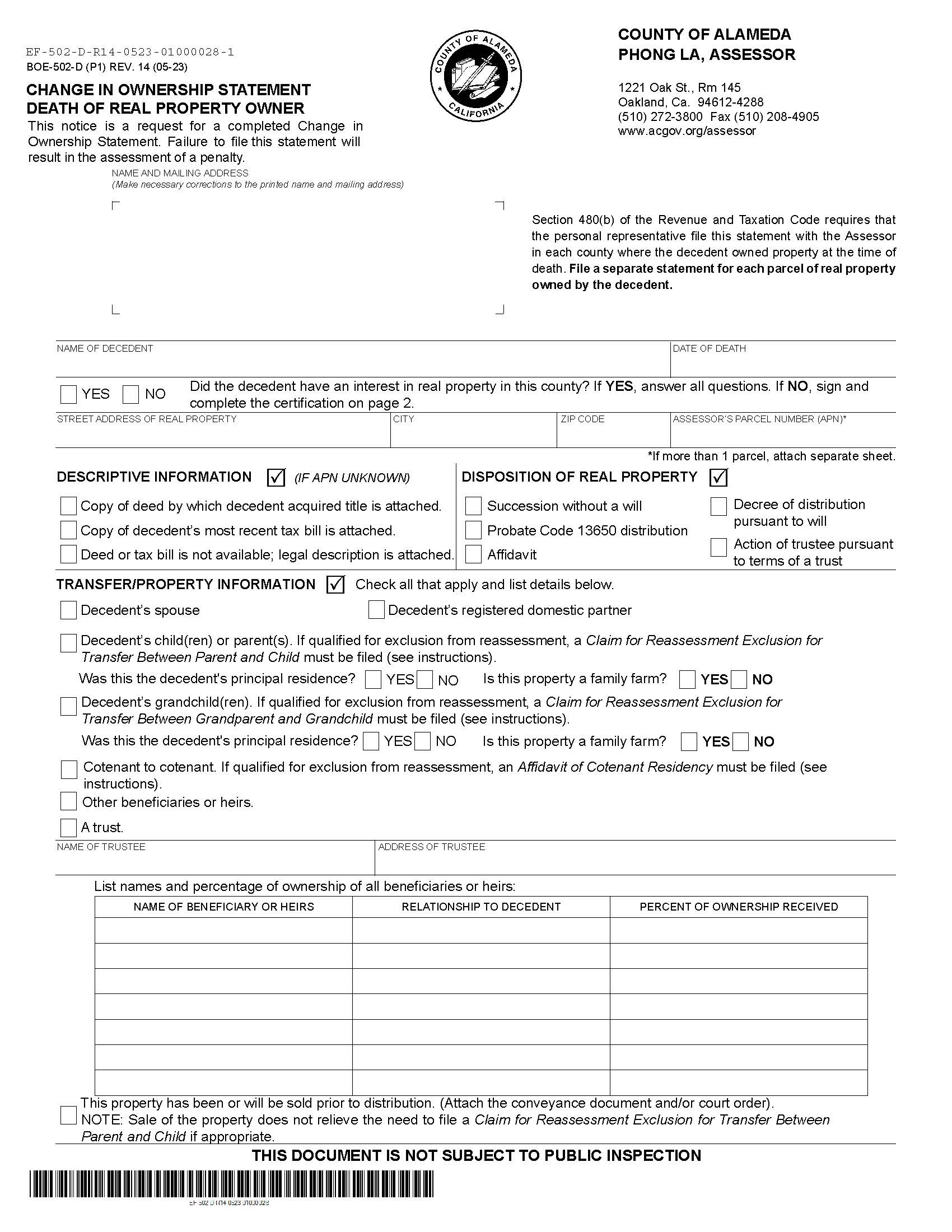 Change In Ownership Statement Death Of Real Property Owner (Alameda) {BOE-502-D} | Pdf Fpdf Docx | California