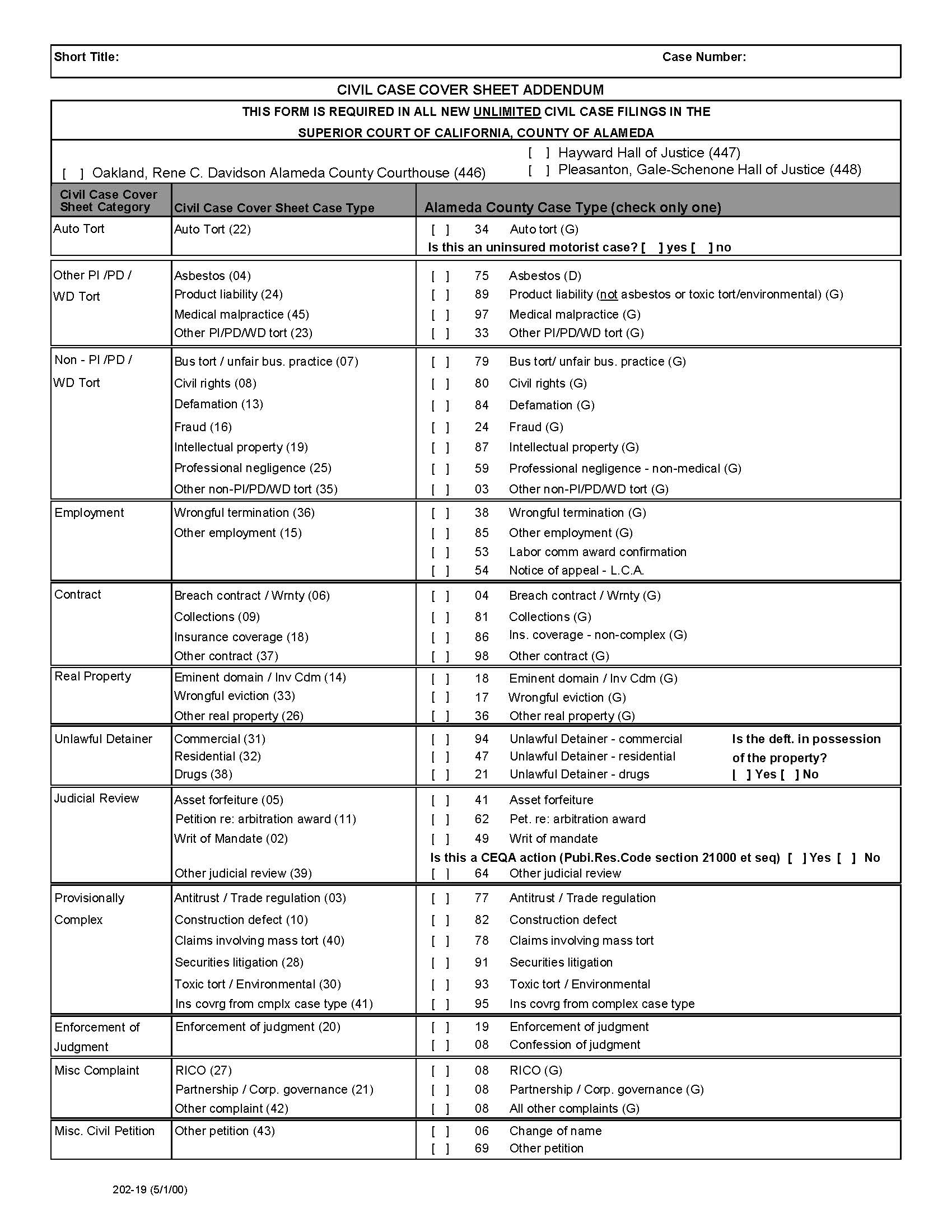 Civil Case Cover Sheet Addendum {202-19} | Pdf Fpdf Docx | California