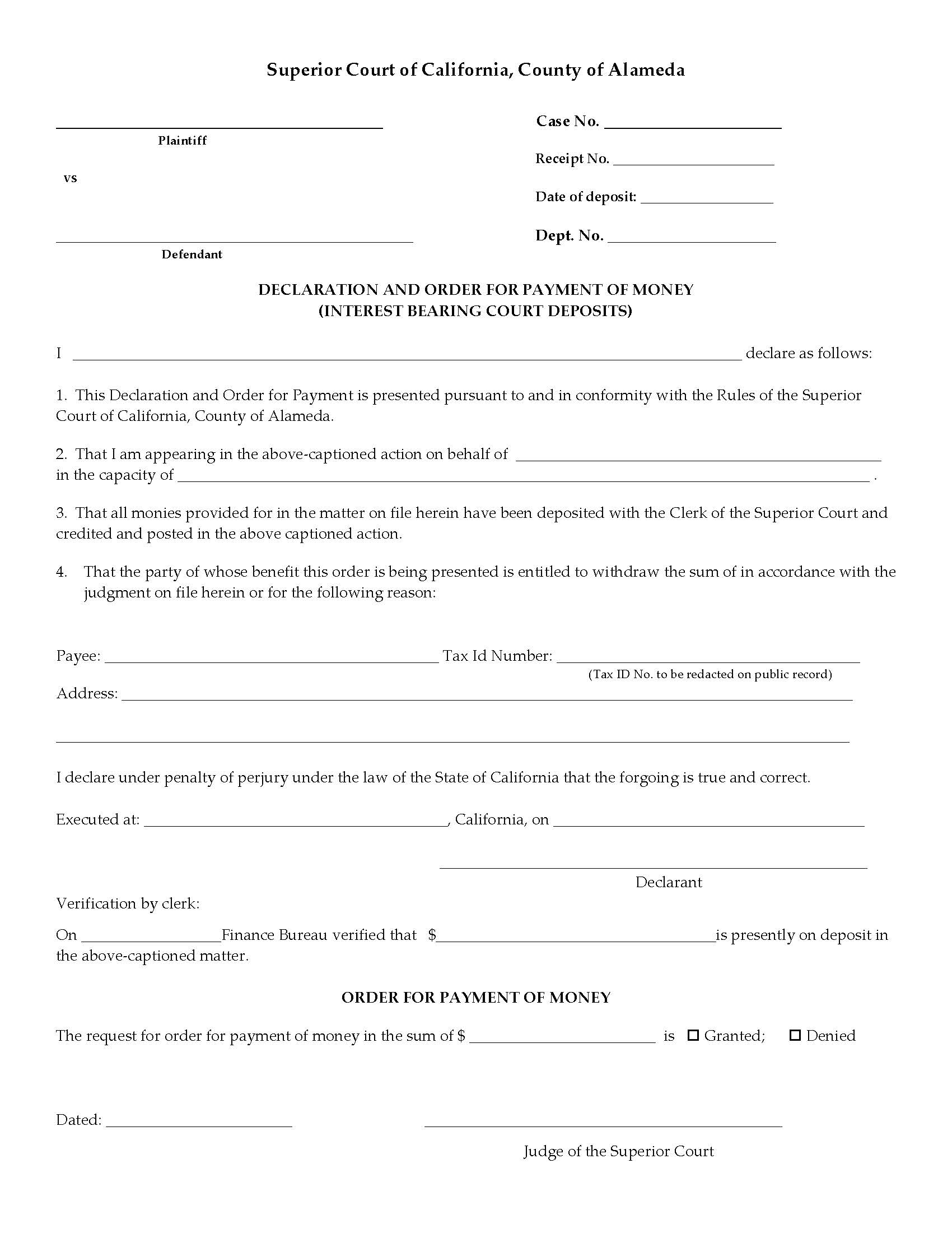 Declaration And Order For Payment Of Money (Interest Bearing Court Deposits) | Pdf Fpdf Docx | California
