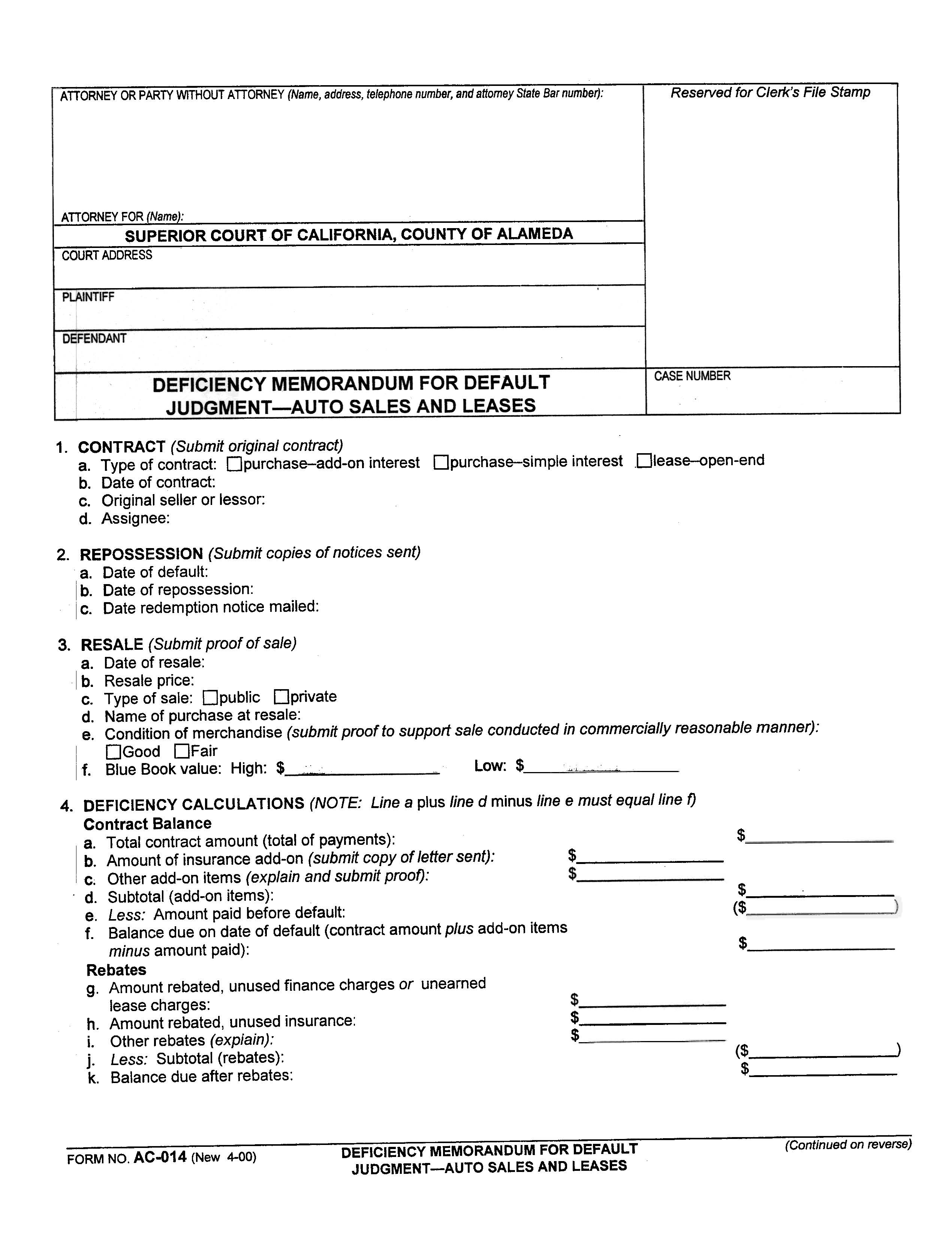 Deficiency Memorandum For Default Judgment-Auto Sales And Leases {AC014} | Pdf Fpdf Docx | California