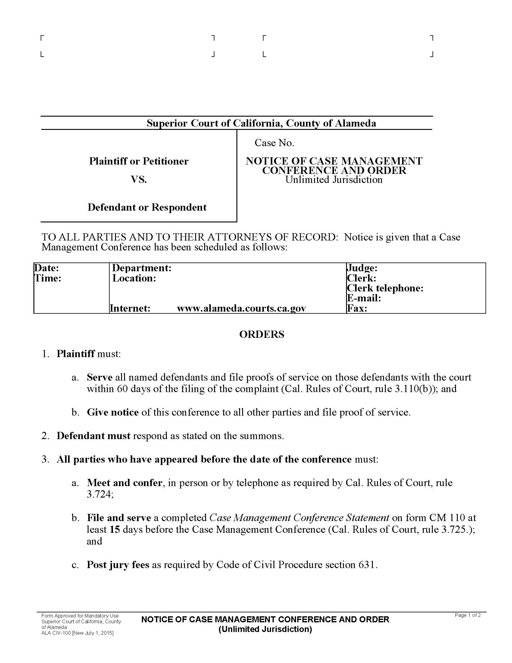 Notice Of Case Management Conference And Order {ALA CIV-100} | Pdf Fpdf Docx | California