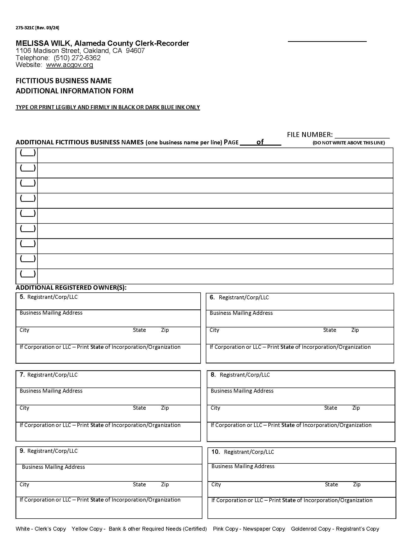 Fictitious Business Name Additional Information (Alameda Clerk-Recorders Office) {275-321-C} | Pdf Fpdf Docx | California