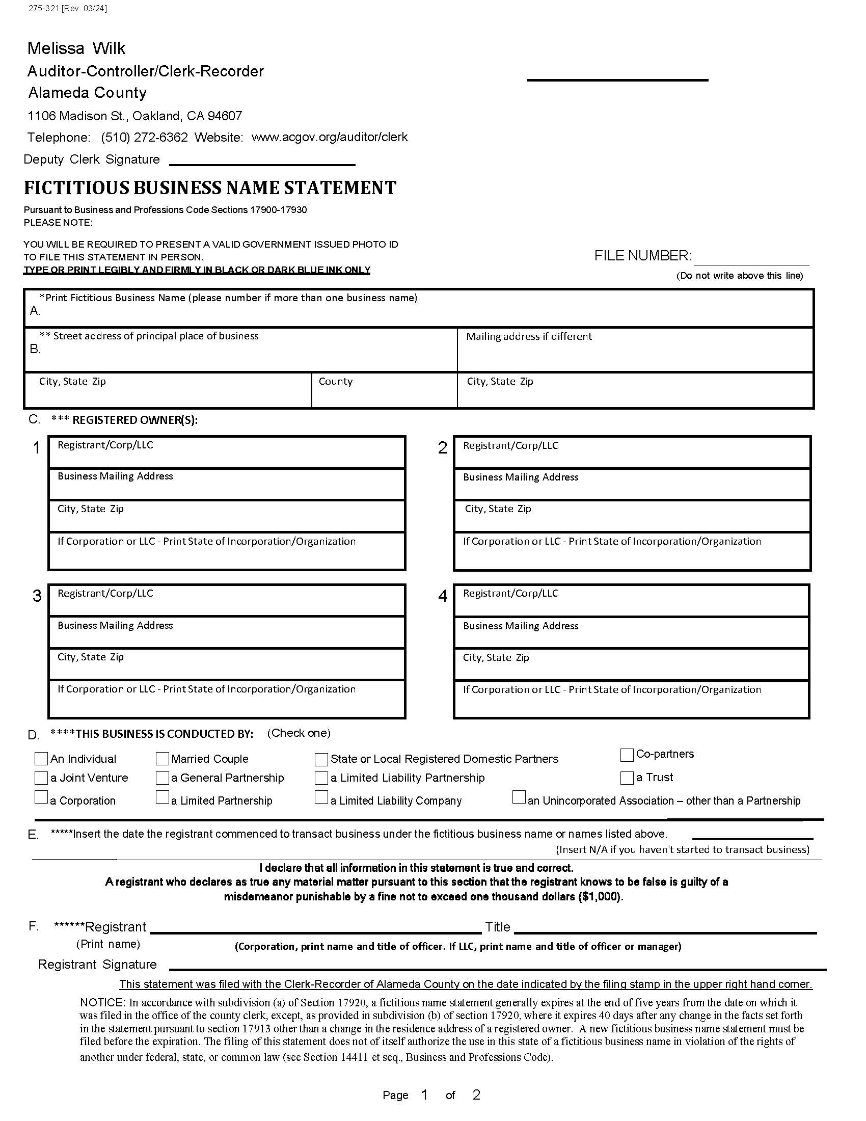 Fictitious Business Name Statement (Alameda Clerk-Recorders Office) {275-321} | Pdf Fpdf Docx | California