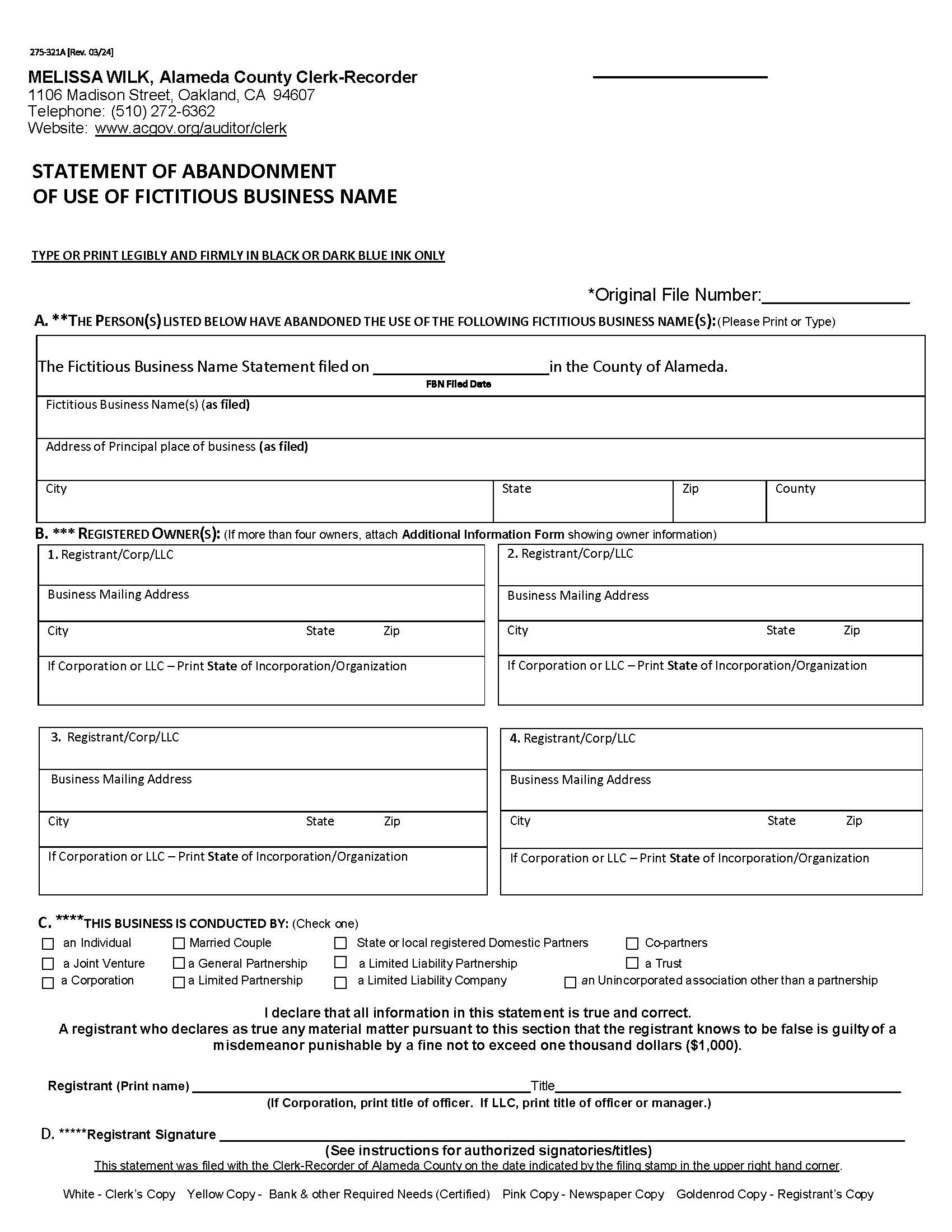 Statement Of Abandonment Of Use Of Fictitious Business Name (Clerk-Recorders Office) {275-321-A} | Pdf Fpdf Docx | California