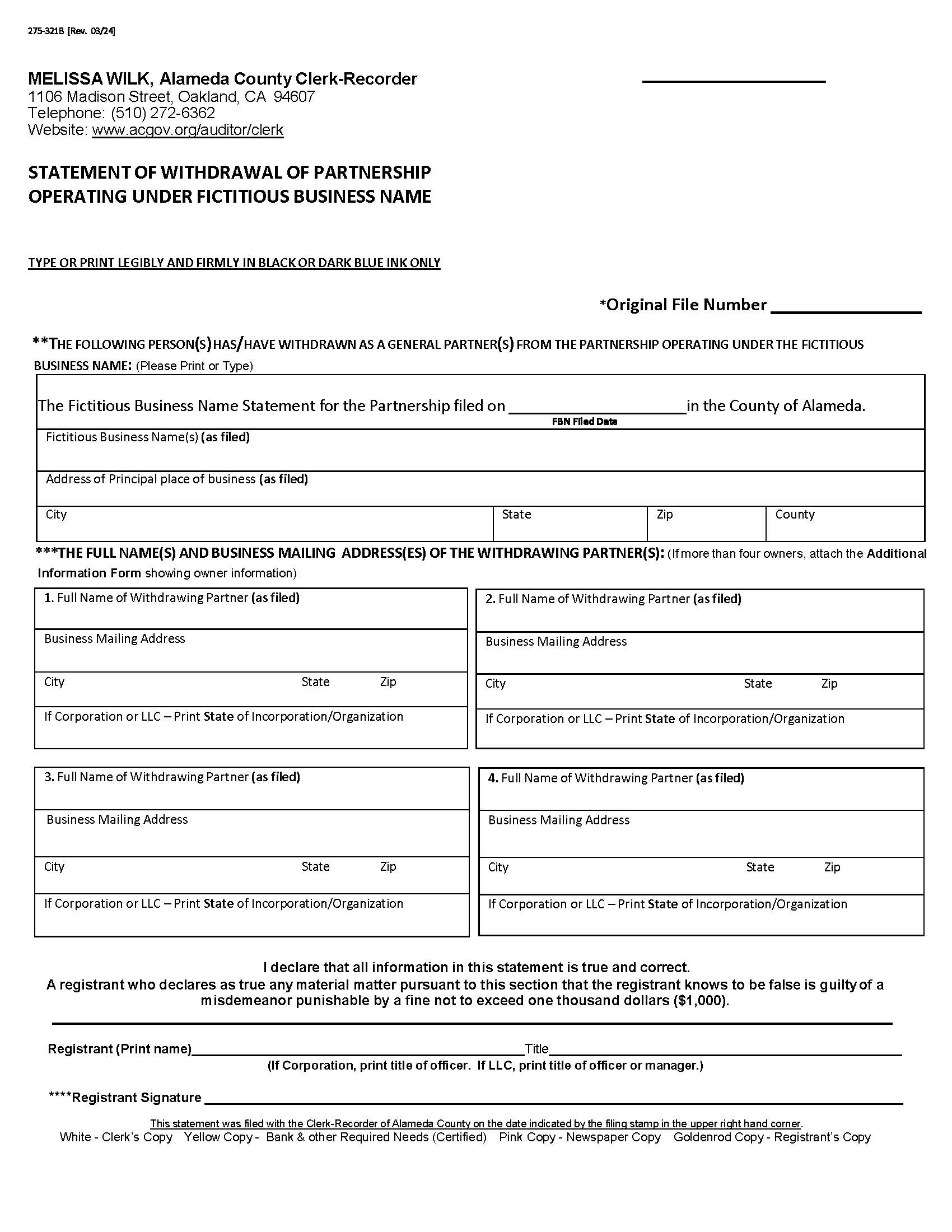 Statement Of Withdrawal From Partnership Operating Under Fictitious Business Name {275-321-B} | Pdf Fpdf Docx | California