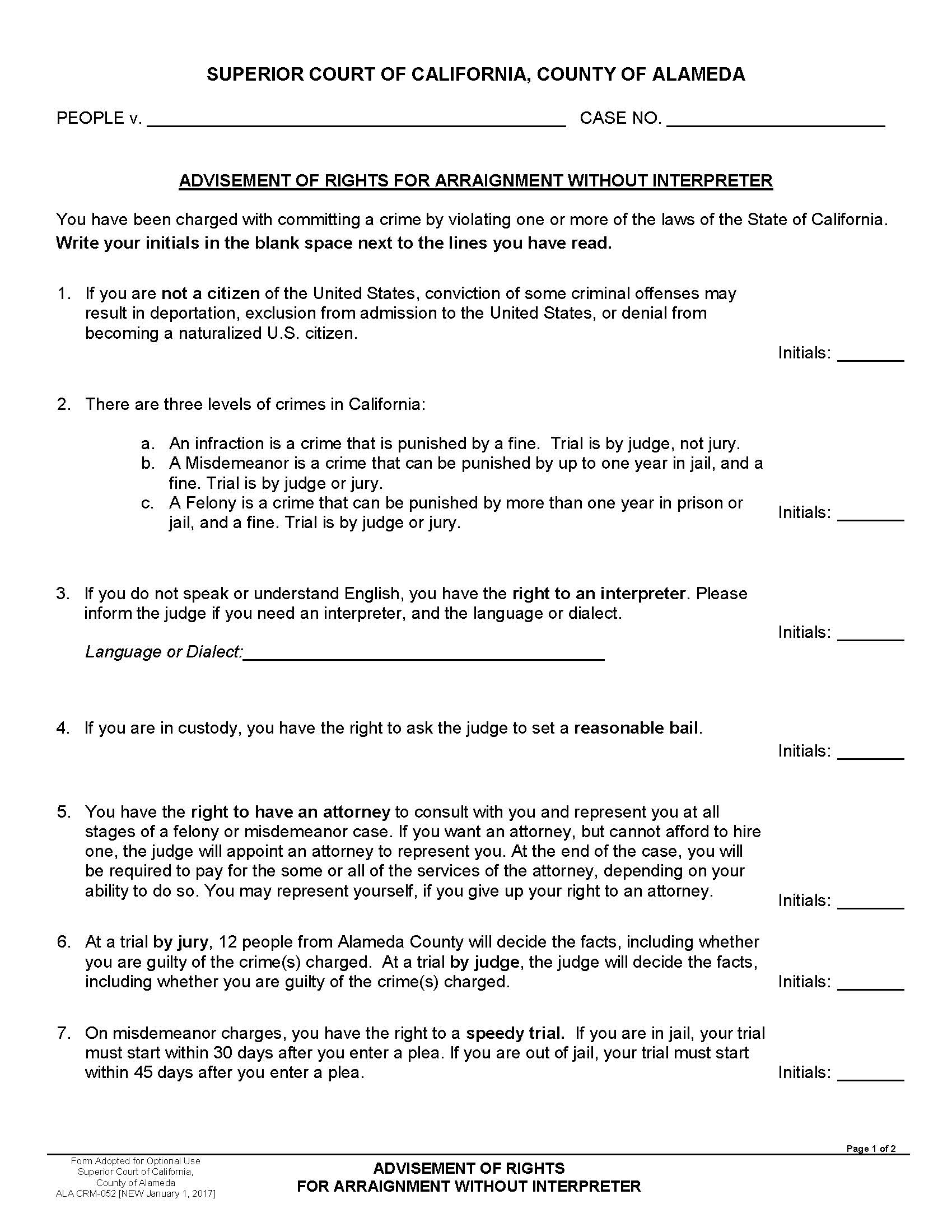 Advisement Of Rights For Arraignment Without Interpreter {ALA CRM-052} | Pdf Fpdf Docx | California