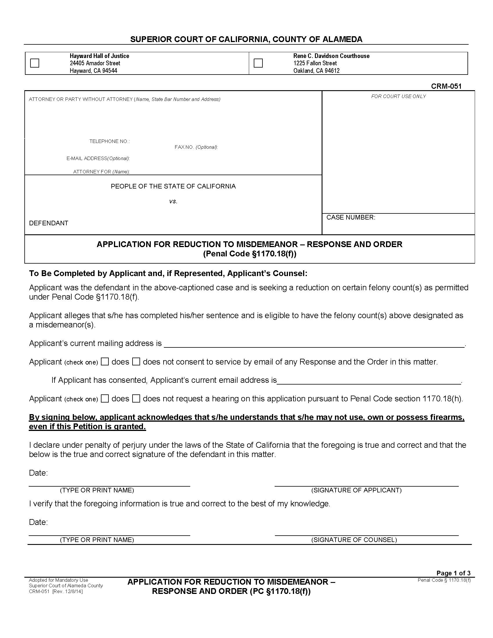 Application For Reduction To Misdemeanor Response And Order {CRM-051} | Pdf Fpdf Docx | California