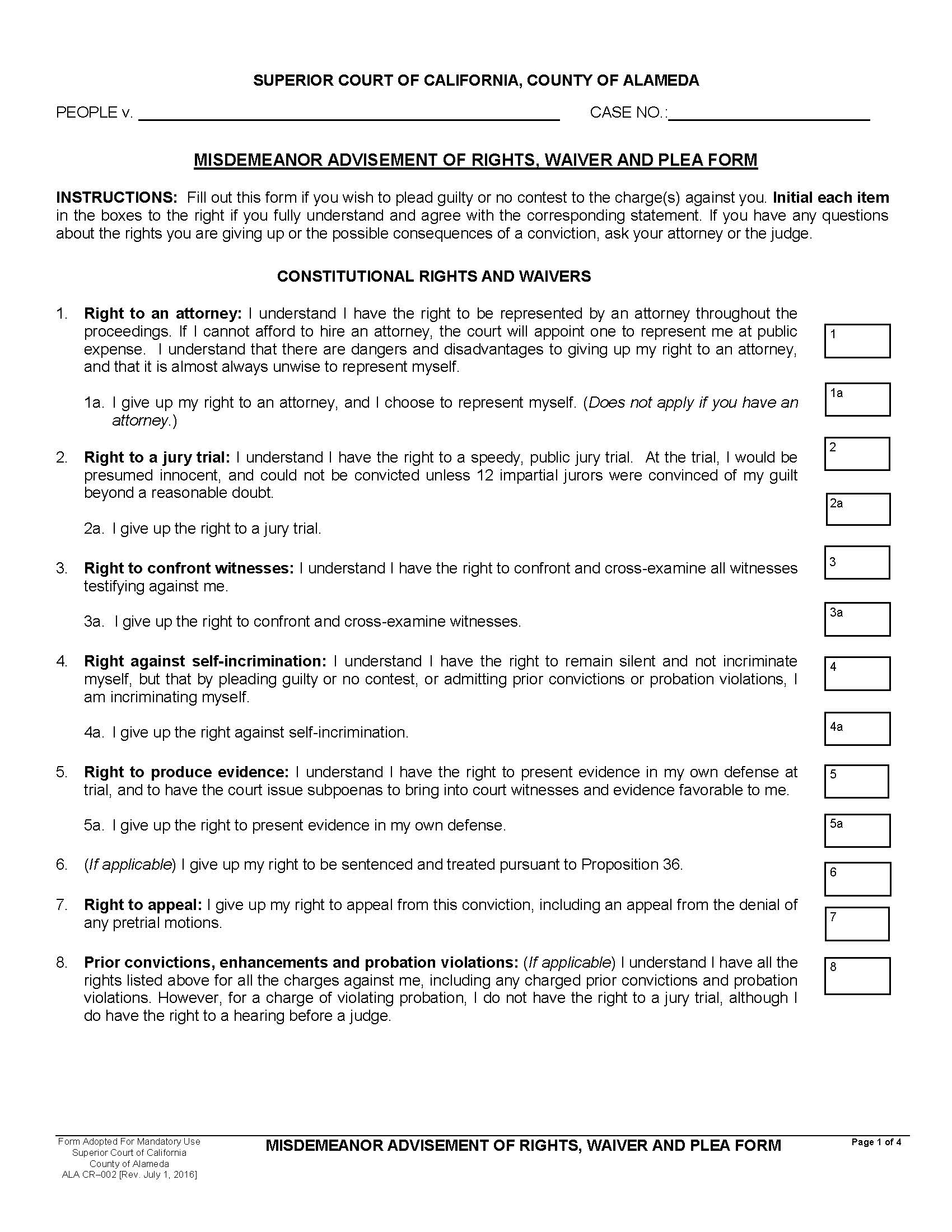 Misdemeanor Advisement Of Right Waiver And Plea {ALA CR-002} | Pdf Fpdf Docx | California