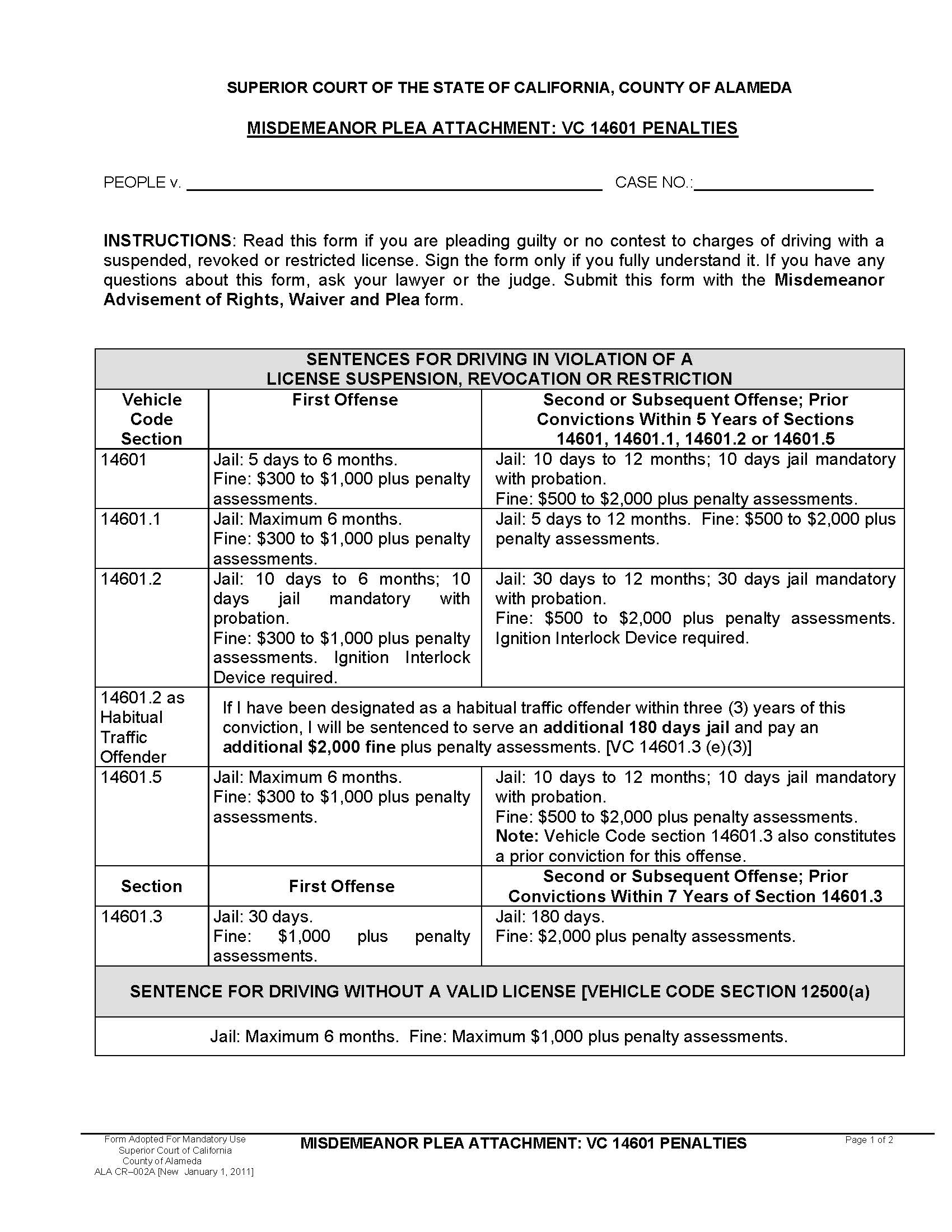Misdemeanor Plea Attachment-VC 14601 Penalties {ALA CR-002A} | Pdf Fpdf Docx | California