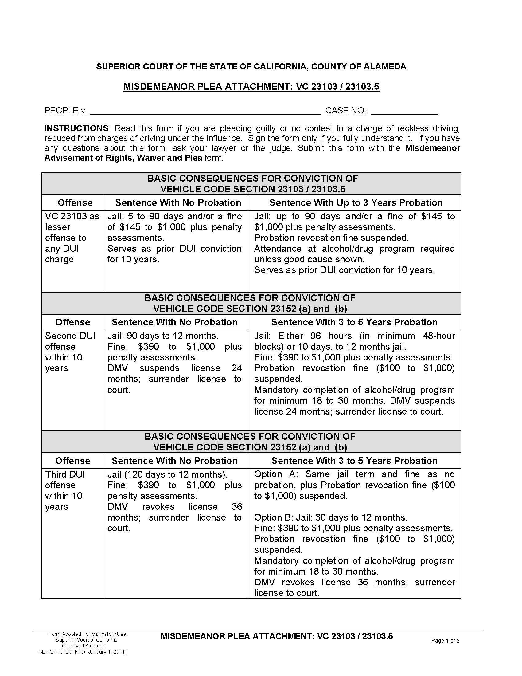Misdemeanor Plea Attachment-VC 23103-23103.5 {ALA CR-002C} | Pdf Fpdf Docx | California