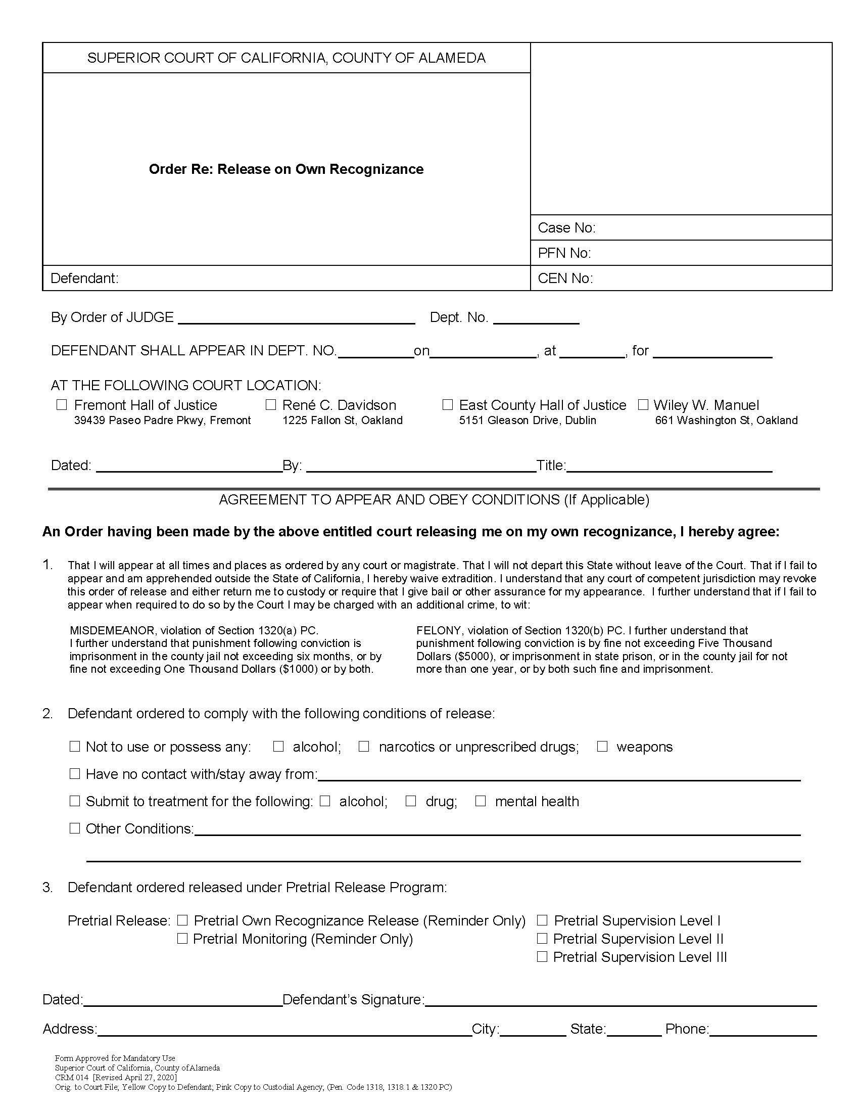 Order Re Release On Own Recognizance {CRM 014} | Pdf Fpdf Docx | California