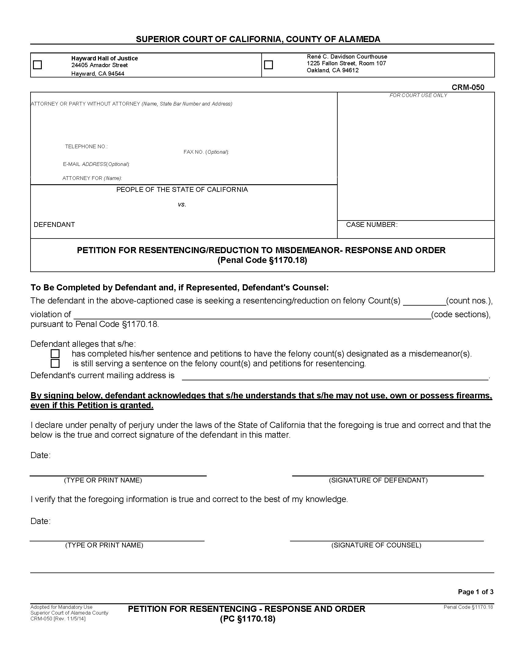 Petition For Resentencing-Response And Order {CRM-050} | Pdf Fpdf Docx | California
