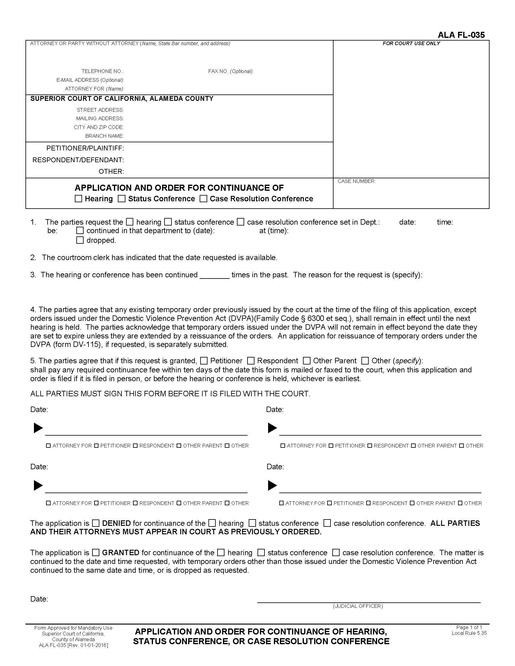 Application And Order For Continuance Of Hearing Or Status Conference {ALA FL-035} | Pdf Fpdf Docx | California