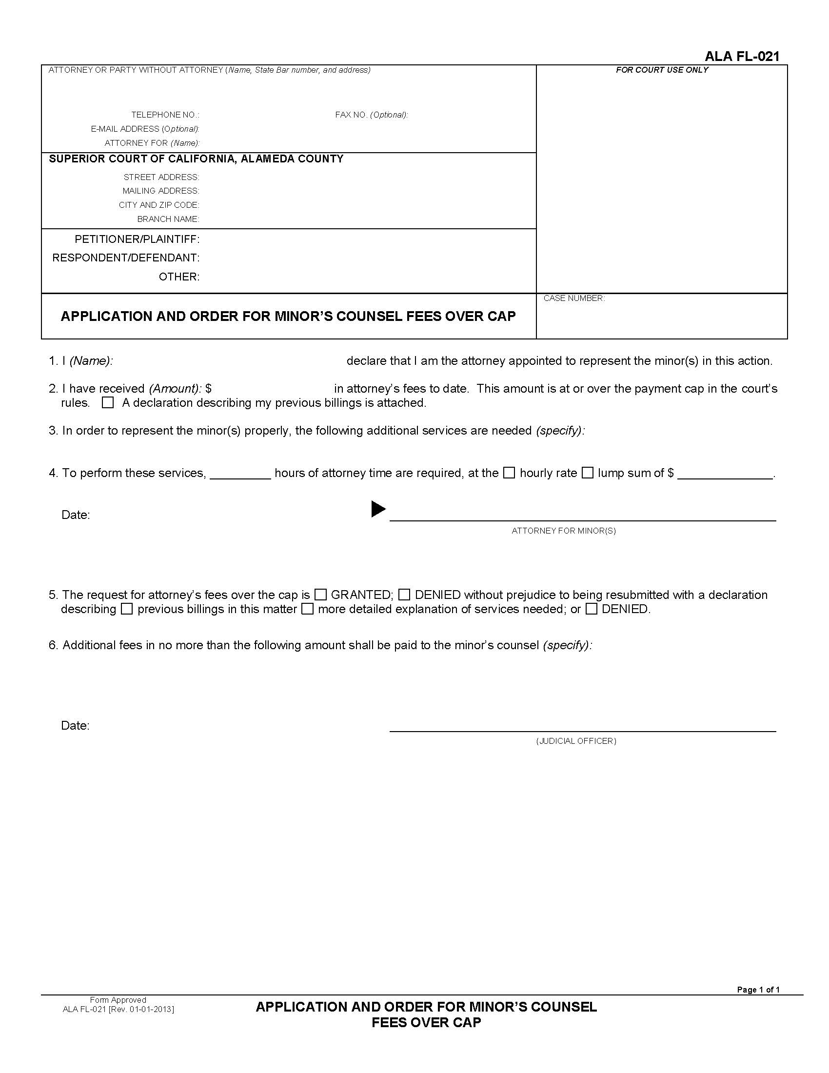 Application And Order For Minors Counsel Fees Over Cap (Family Law) {ALA FL-021} | Pdf Fpdf Docx | California