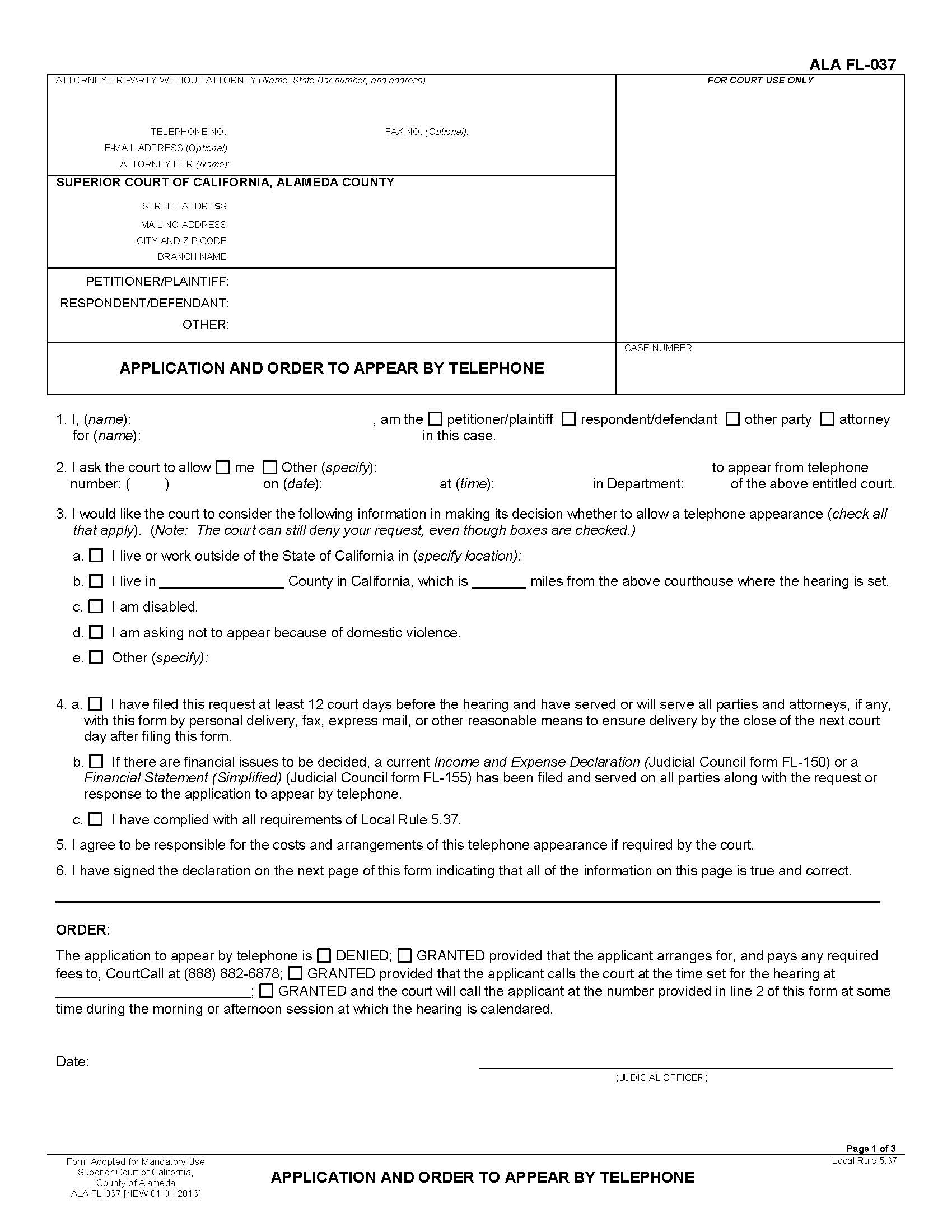 Application And Order To Appear By Telephone {ALA FL-037} | Pdf Fpdf Docx | California