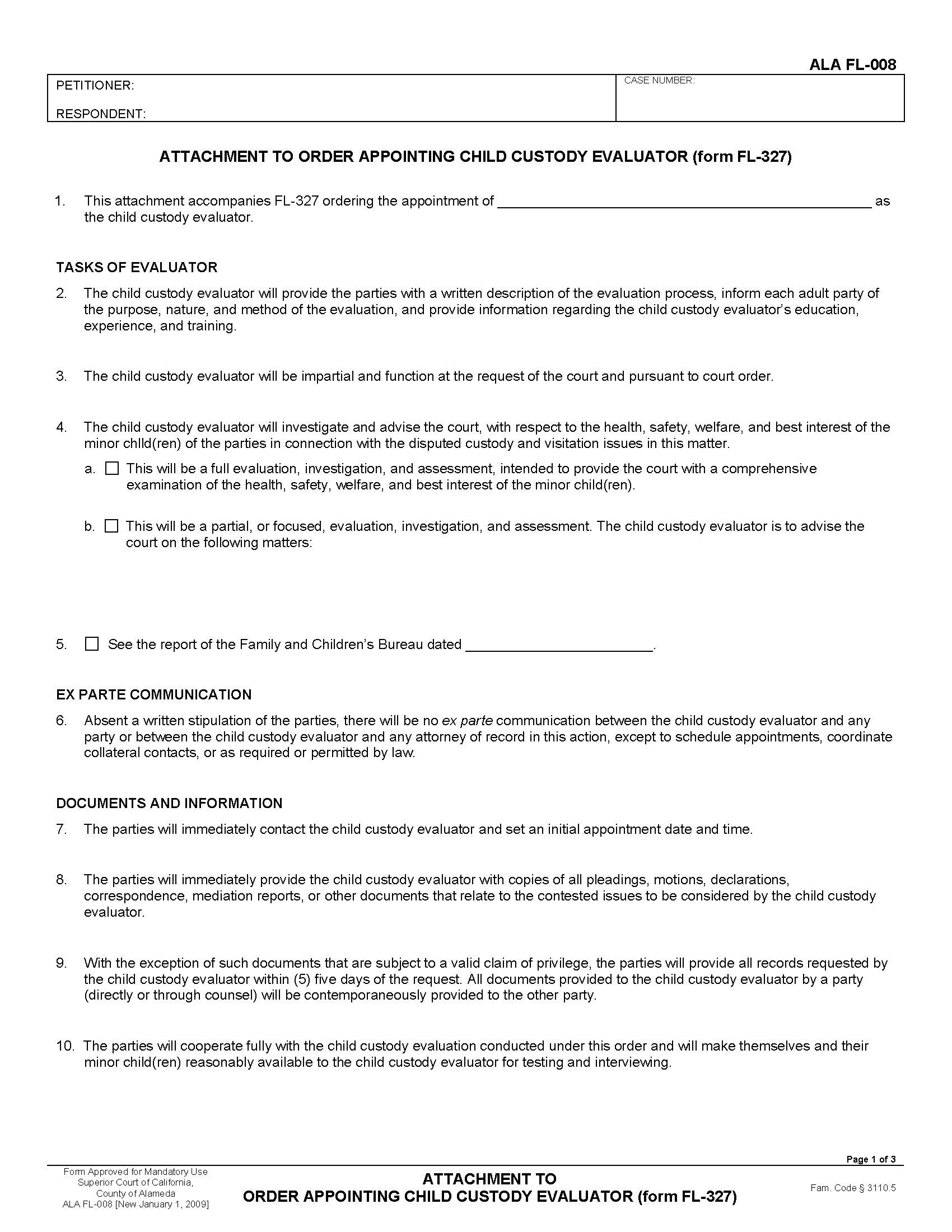 Attachment To Order Appointing Child Custody Evaluator (Form FL-327) {ALA FL-008} | Pdf Fpdf Docx | California