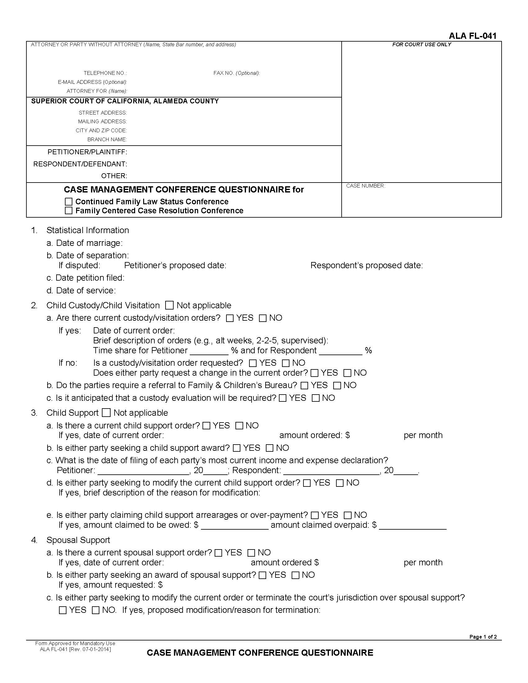 Case Management Conference Questionnaire {ALA FL-041} | Pdf Fpdf Docx | California