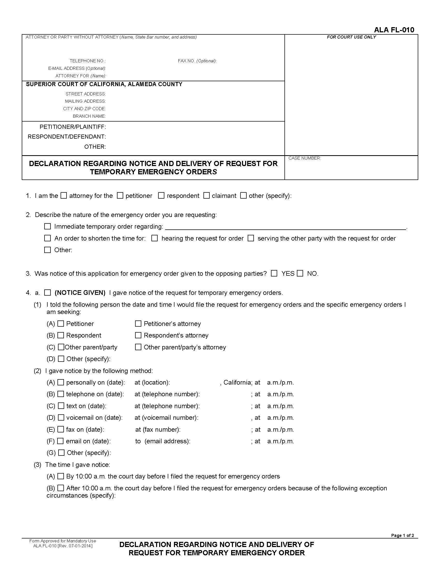 Declaration Regarding Notice For Ex Parte Application For Order {ALA FL-010} | Pdf Fpdf Docx | California