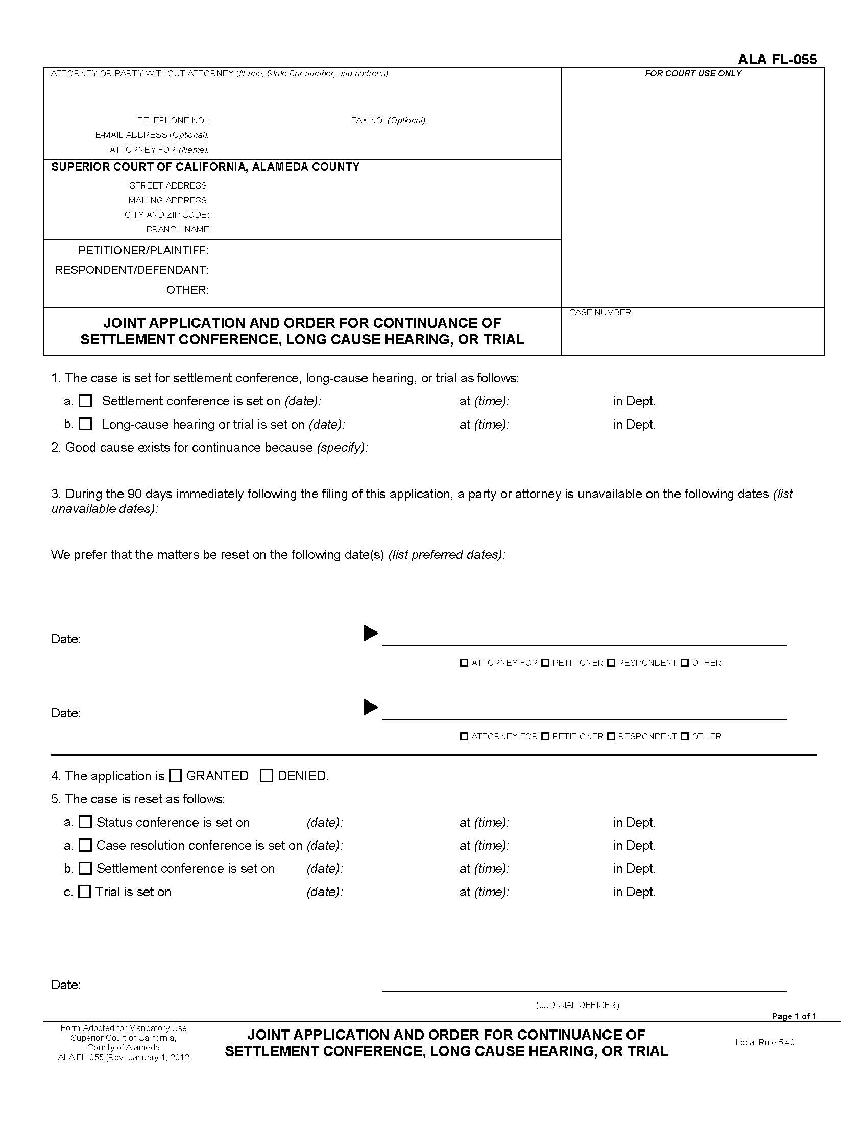Joint Application And Order For Continuance Of Settlement Conference {ALA FL-055} | Pdf Fpdf Docx | California