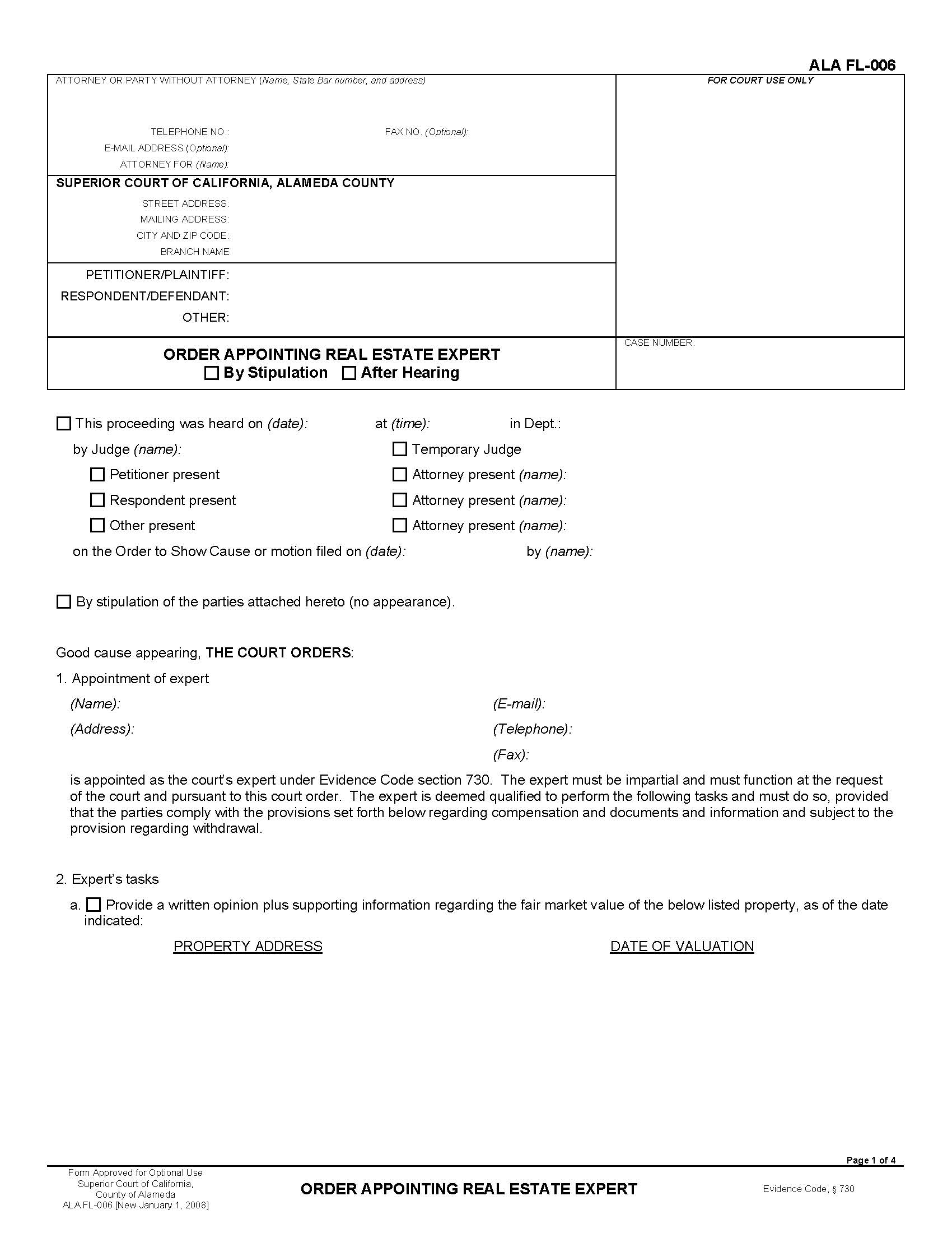 Order Appointing Real Estate Expert (Family Law) {ALA FL-006} | Pdf Fpdf Docx | California