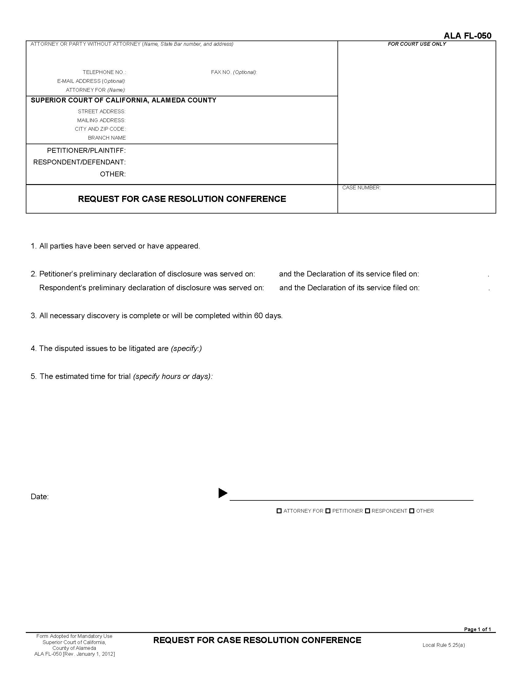 Request For Case Resolution Conference {ALA FL-050} | Pdf Fpdf Docx | California