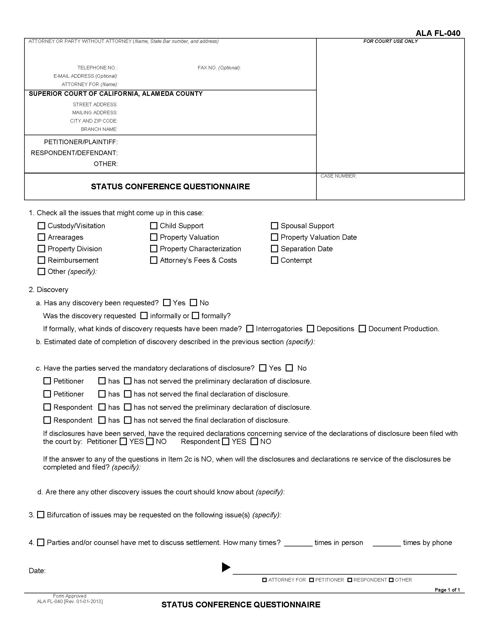 Status Conference Questionnaire {ALA FL-040} | Pdf Fpdf Docx | California