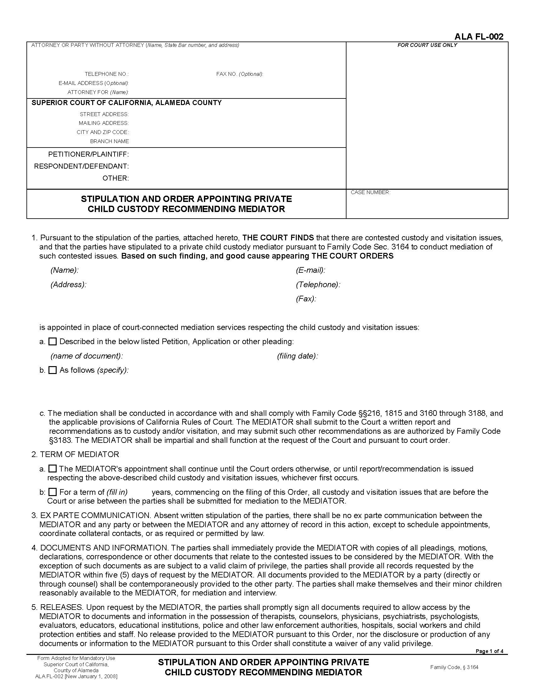 Stipulation And Order Appointing Private Child Custody Recommending Mediator (Family Law) {ALA FL-002} | Pdf Fpdf Docx | California