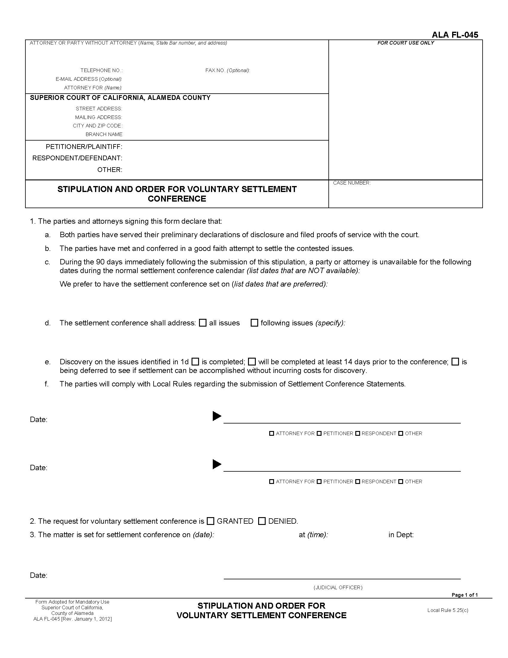 Stipulation And Order For Voluntary Settlement Conference {ALA FL-045} | Pdf Fpdf Docx | California