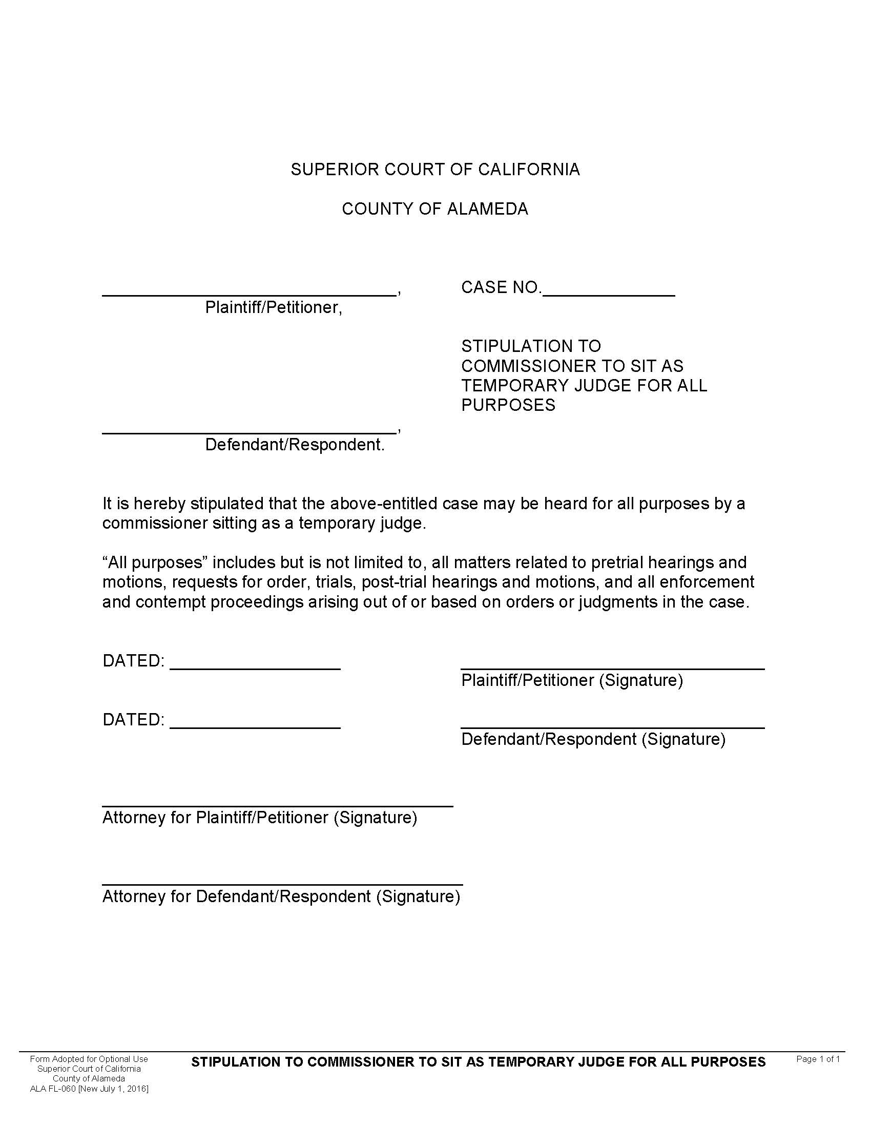 Stipulation To Commissioner To Sit As Temporary Judge For All Purposes {ALA FL-060} | Pdf Fpdf Docx | California